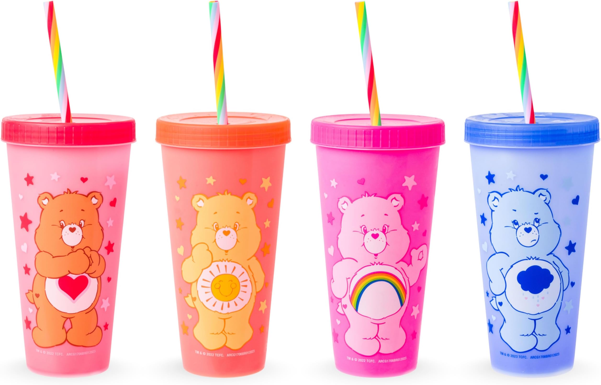 Care Bears Hearts and Stars 4 Pack Plastic Color Changing Tumblers with Rainbow Swirl Straws Featuring Tenderheart, Funshine, Cheer, and Grumpy Bear 24 Ounces