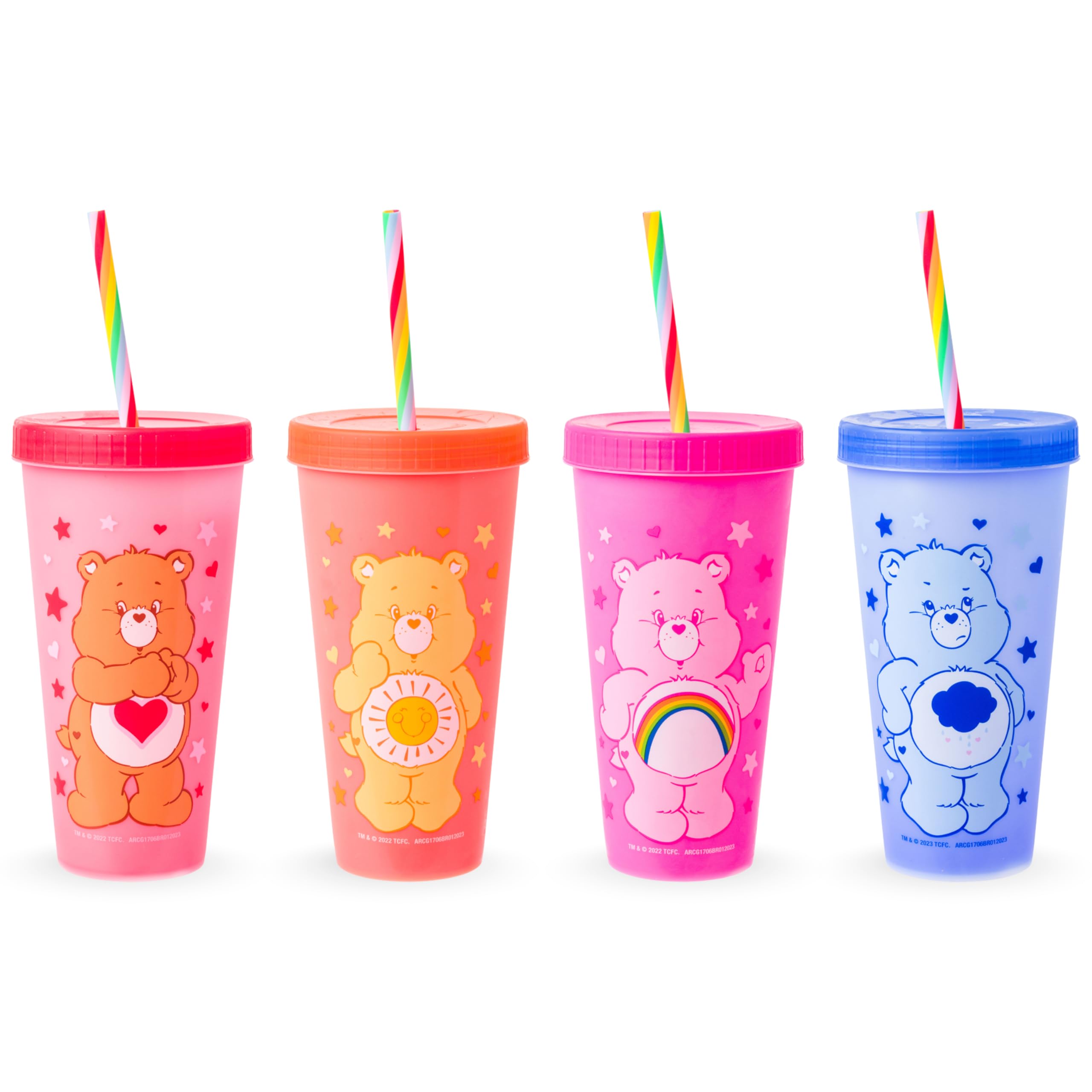Silver Buffalo Care Bears Hearts Rainbow Swirl Straw 4 pack Color Change Plastic Tumbler, 24 Ounces