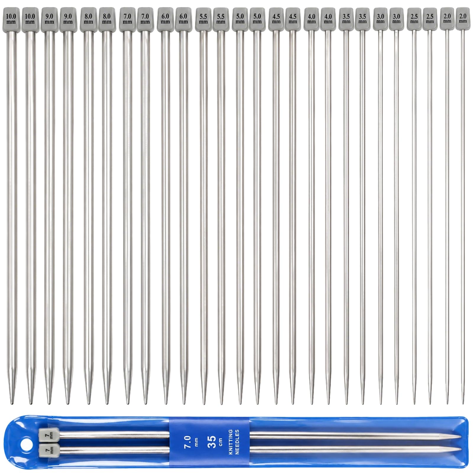 26 Pcs Knitting Needle Set, 35cm Long Stainless Steel Knitting Needles, 2 mm-10 mm Metal Single Pointed, Knitting Accessories for Beginners & Professionals Handmade DIY Scarves, Hats, Sweaters