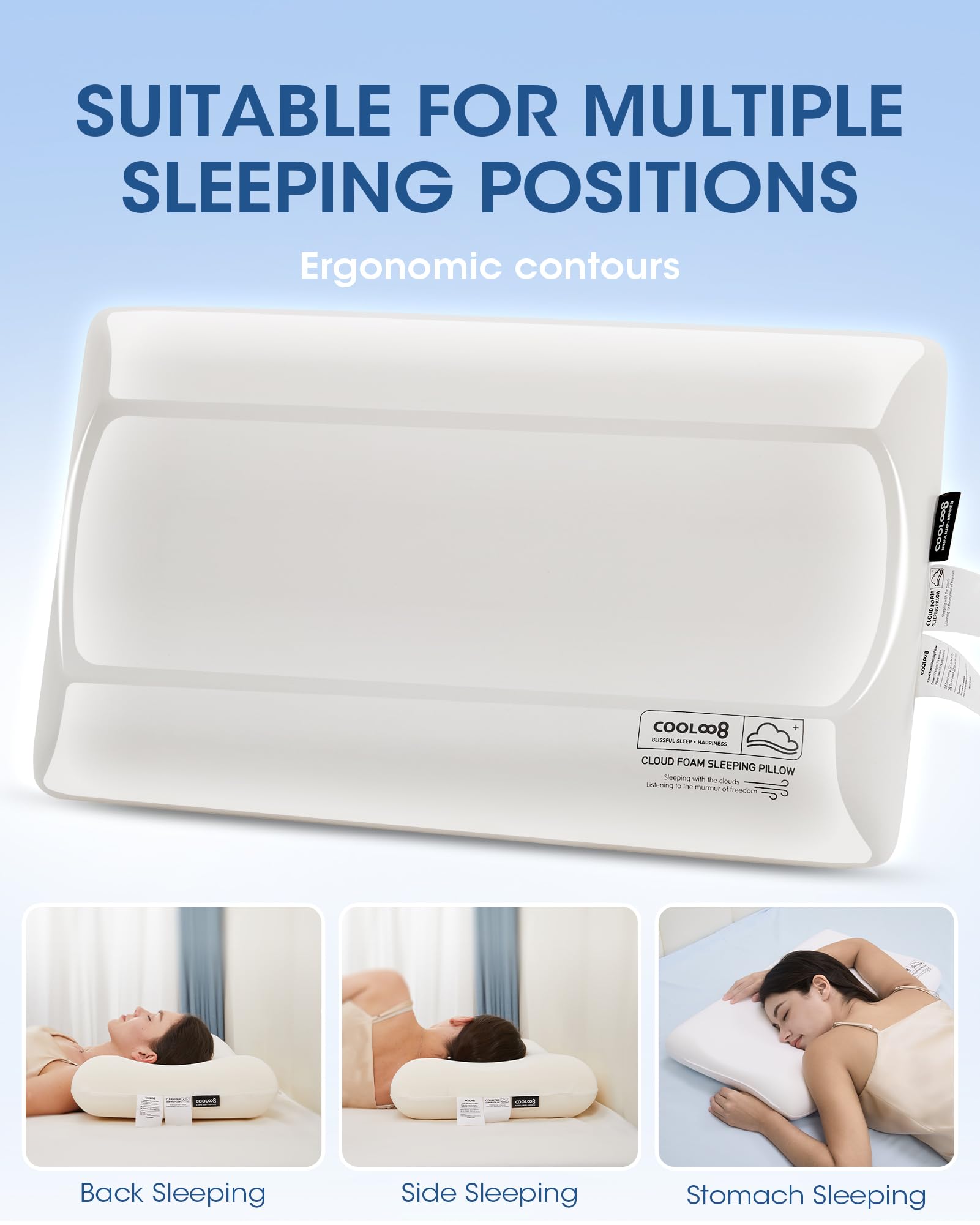 Memory Foam Pillows Queen Size Set of 2, Contour Cooling Cervical Pillow for Neck Pain Relief, Orthopedic Ergonomic Bed Pillow for Side, Back and Stomach Sleepers, Soft Cloudy Sleeping Pillows