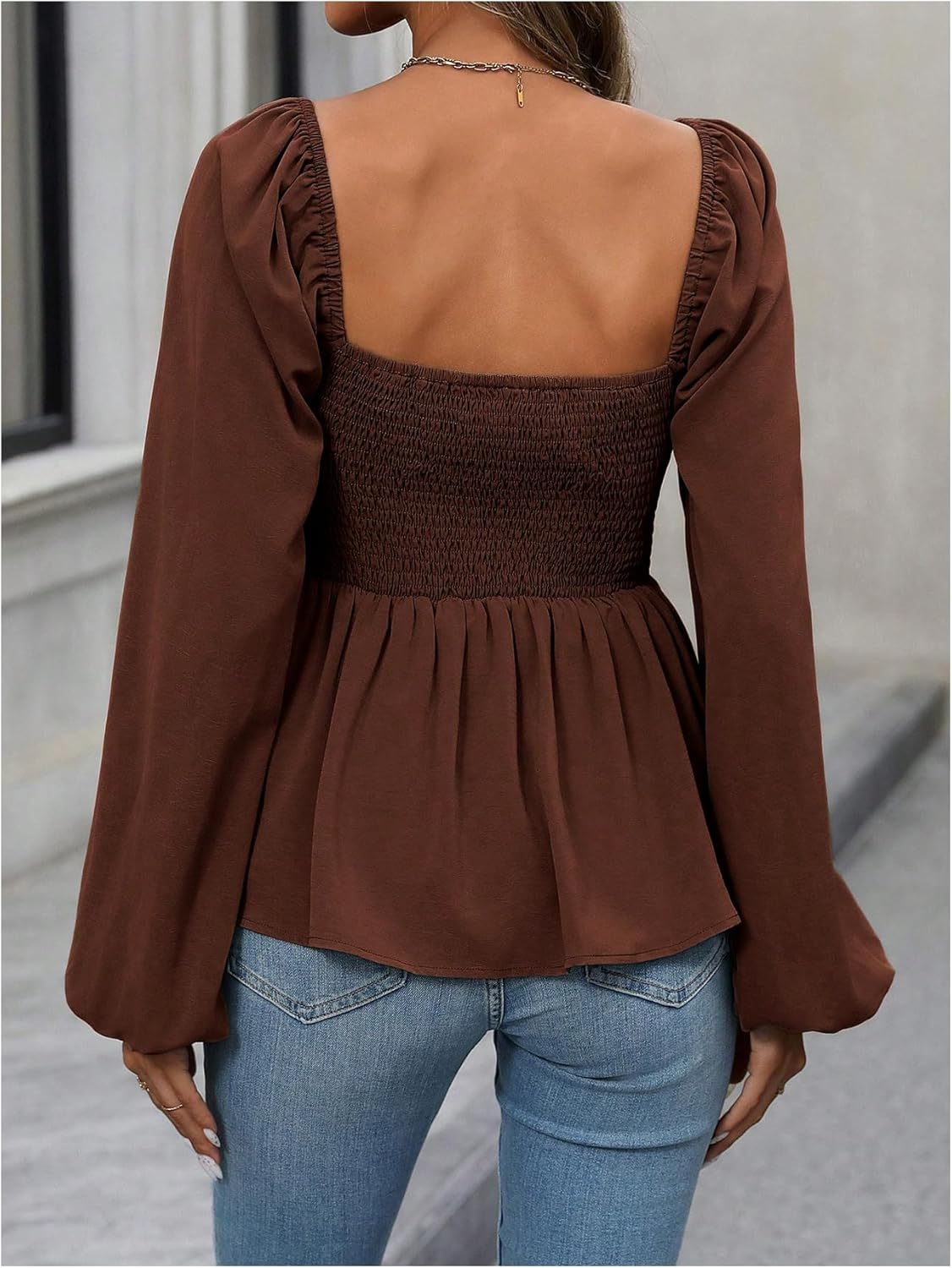 Floerns Women's Bishop Long Sleeve Ruched Square Neck Ruffle Hem Peplum Blouse Top - Image 2