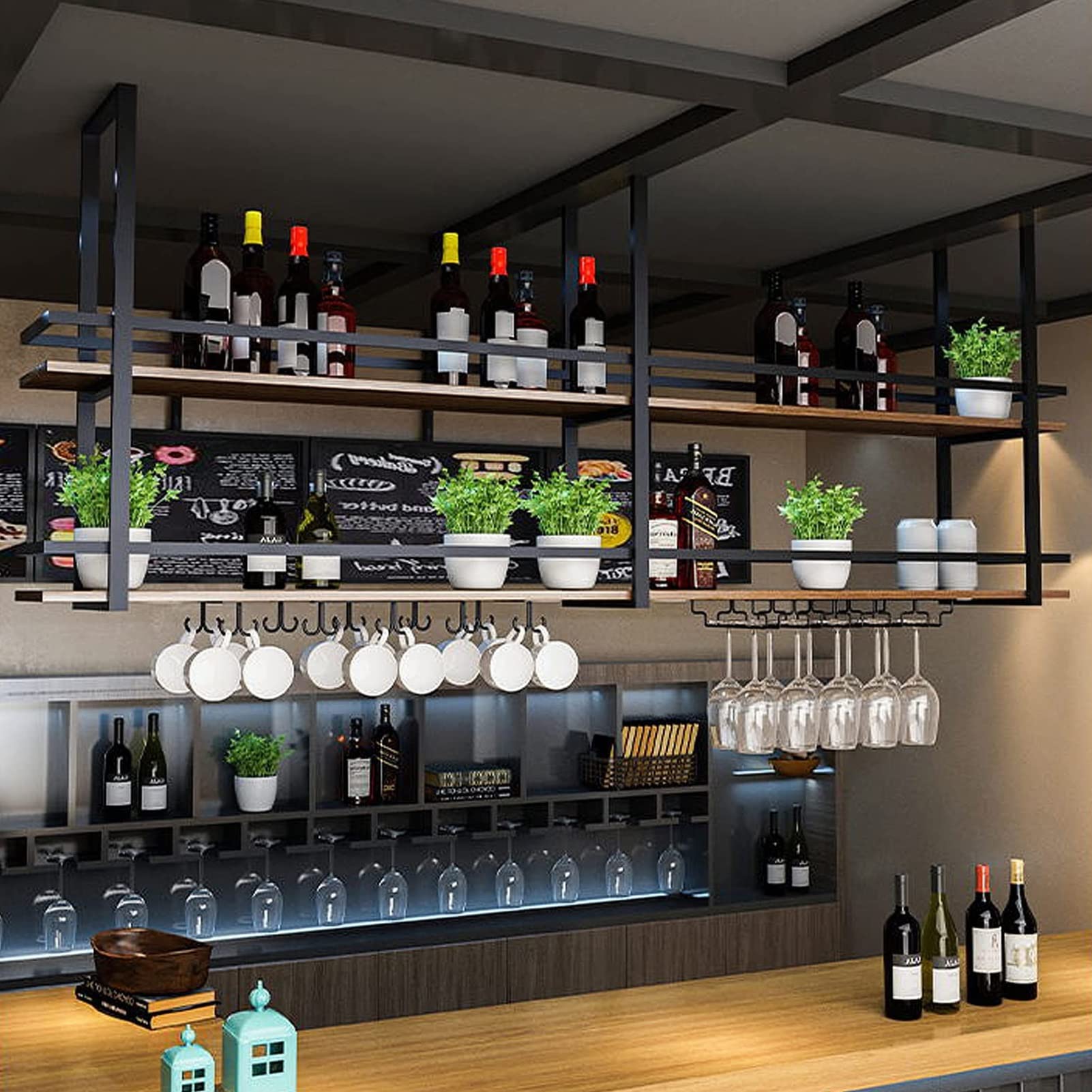 Mensole da Muro di Soffitto in Legno Massello - Porta Bottiglie di Vino A Appeso - Porta Piante Ferro Battut Montato A Parete - Scaffale per Vino con Ringhiera - Installazione Semplice