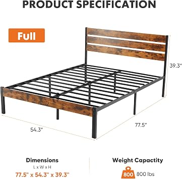 Sweetcrispy Full Size Bed Frame with Headboard and Footboard, 800LBS Heavy Duty Wood Metal Support Platform Mattress Foundation with Under Bed Storage, No Box Spring Required, Retro Brown