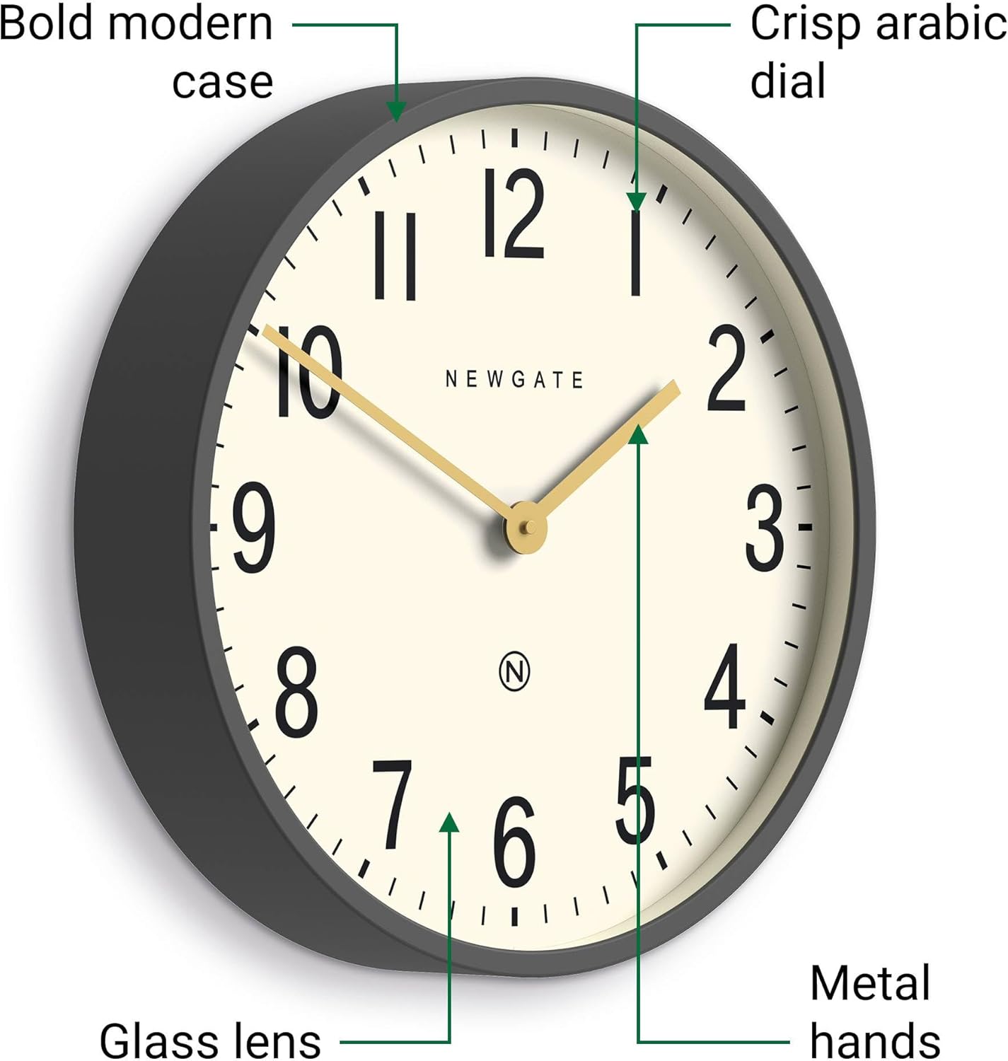 NEWGATE® Mr Edwards wall Clock | Large mid Century Inspired Modern Classic Clock | 17.5 inch | Deep Metal case in Gray | Classic Style for Kitchen, Living Room or Office