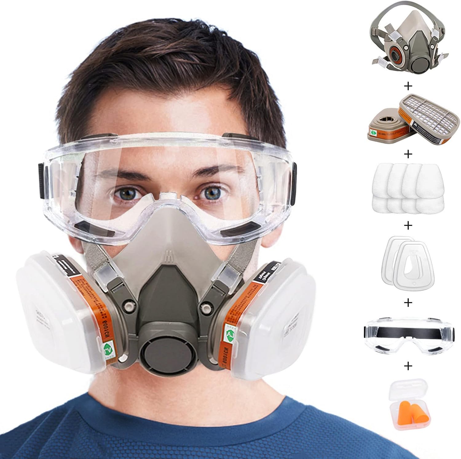 ANUNU Chemical Respirator with Filters and Goggle Earplug Dust Cover