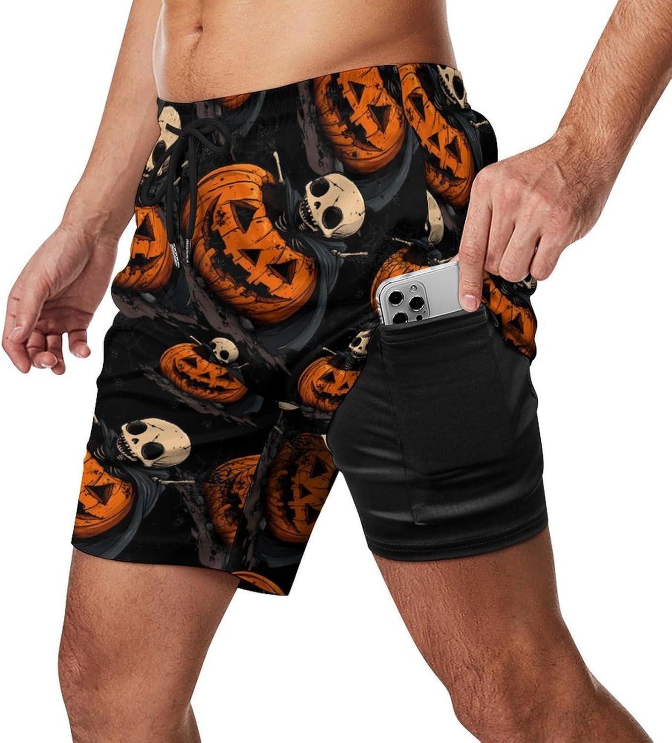 Halloween Costume Pumpkin Skeleton Mens Swim Trunks Summer Beach Shorts Board Shorts Swimwear Bathing Suits with Pockets