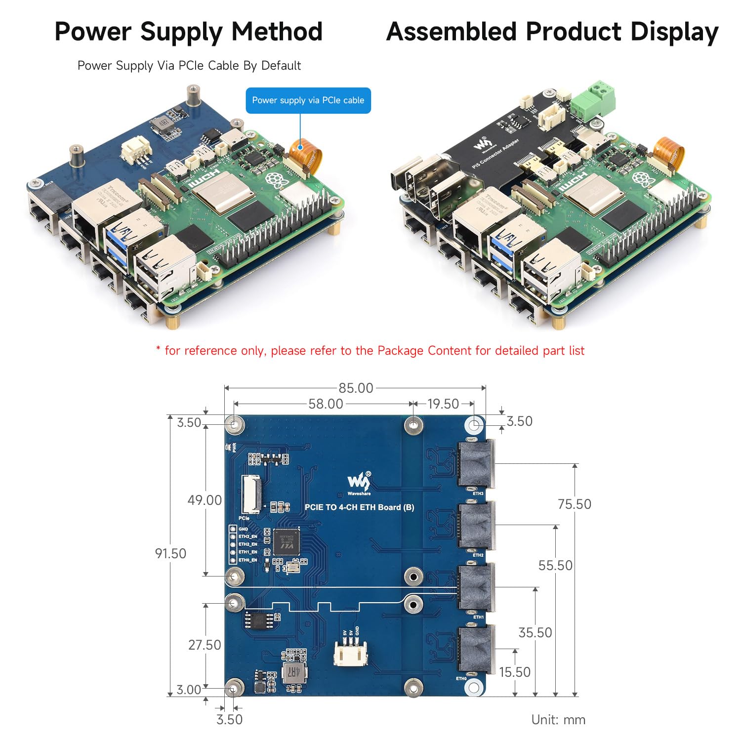 Waveshare PCIe to 4-Ch Gigabit ETH Board (B) Compatible with Raspberry Pi 5/RPi OS, Driver-Free, Plug and Play