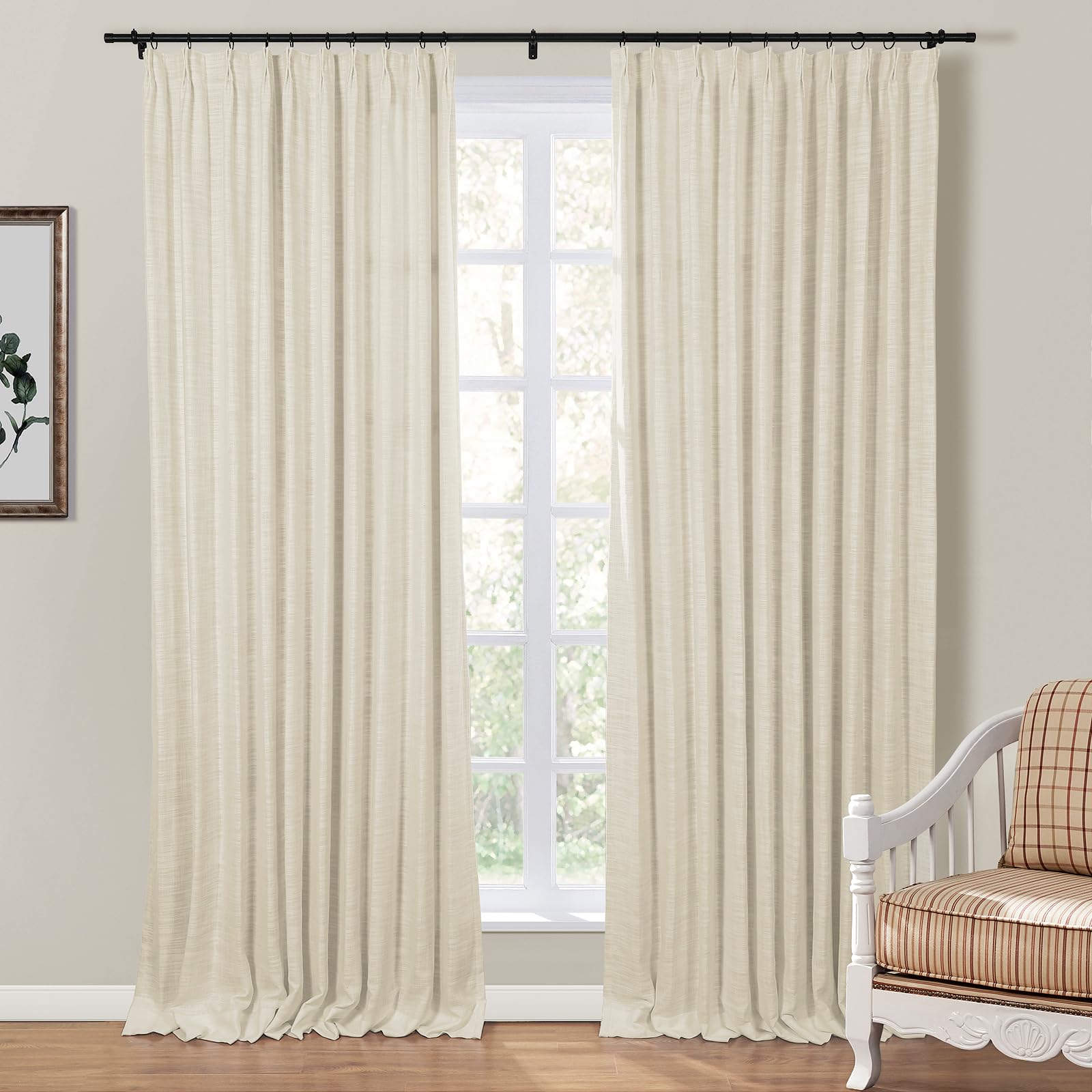 TWOPAGES Greyish Beige Pinch Pleated Curtain 90 Inch Length Linen Blend Lined Light Filtering Curtain for Living Room Bedroom, Linen Textured Window