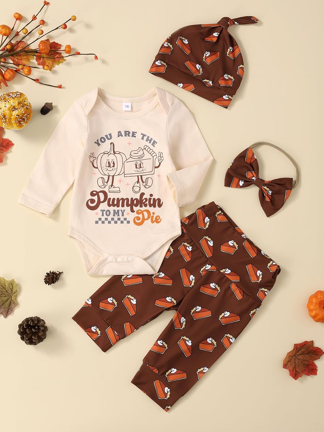 Thanksgiving Baby Girl Outfit Long Sleeve Pumpkin Pie Turkey Romper Pants Set Newborn Girls Outfits - Image 2