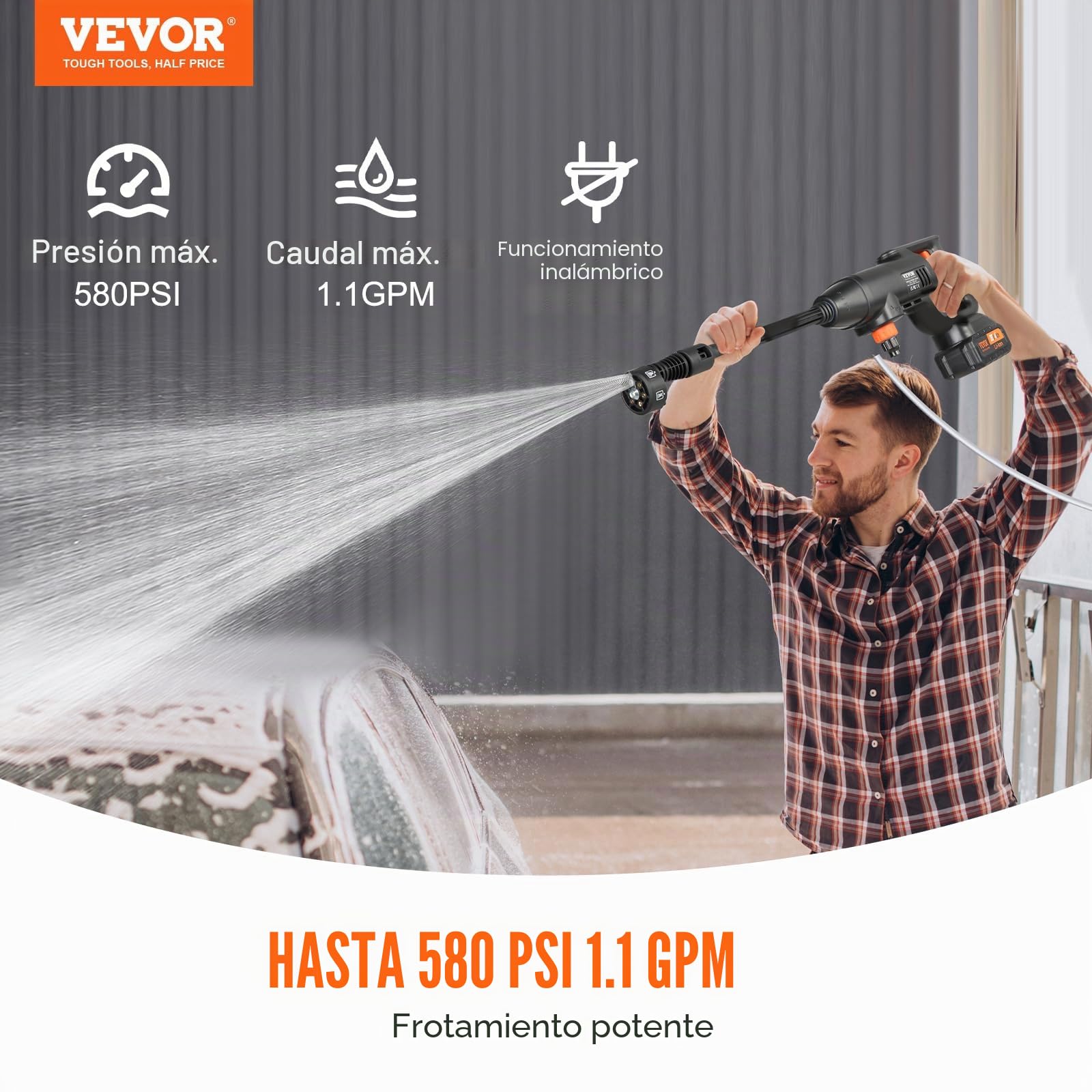 VEVOR Lavadora de Alta Presión con Batería Inalámbrica 21V Limpiador Portátil de Alta Potencia 580PSI 50bar Lavadora Eléctrica 4L/min Cargador de Batería de 4,0Ah para Limpieza de Patio, Jardín, Coche