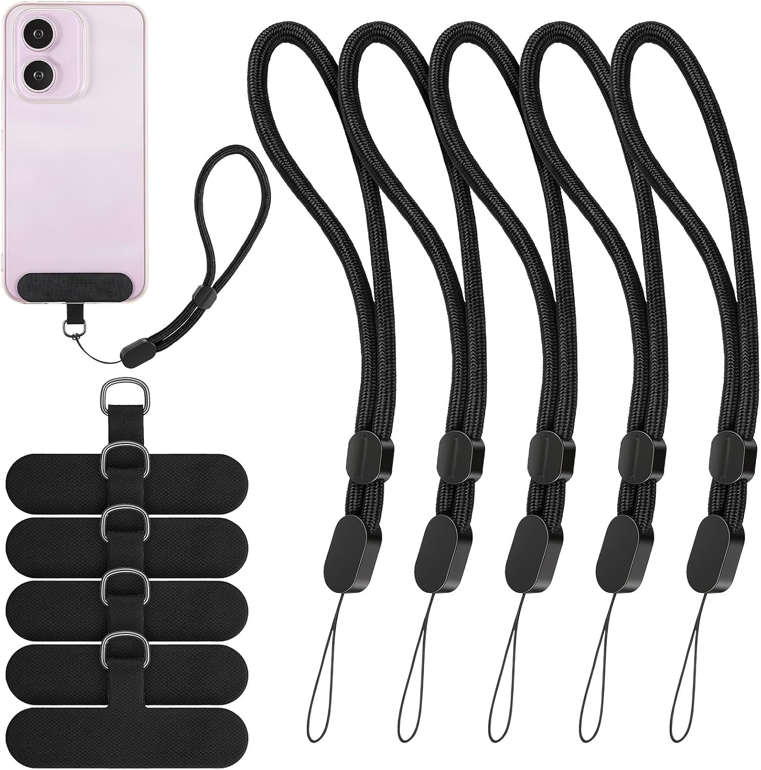5 Pack Adjustable Black Phone Wrist Strap with 5 Pcs TPU Tether Tabs, Cellphone Wrist Straps, Wrists Strap for Phones Case, Smartphones