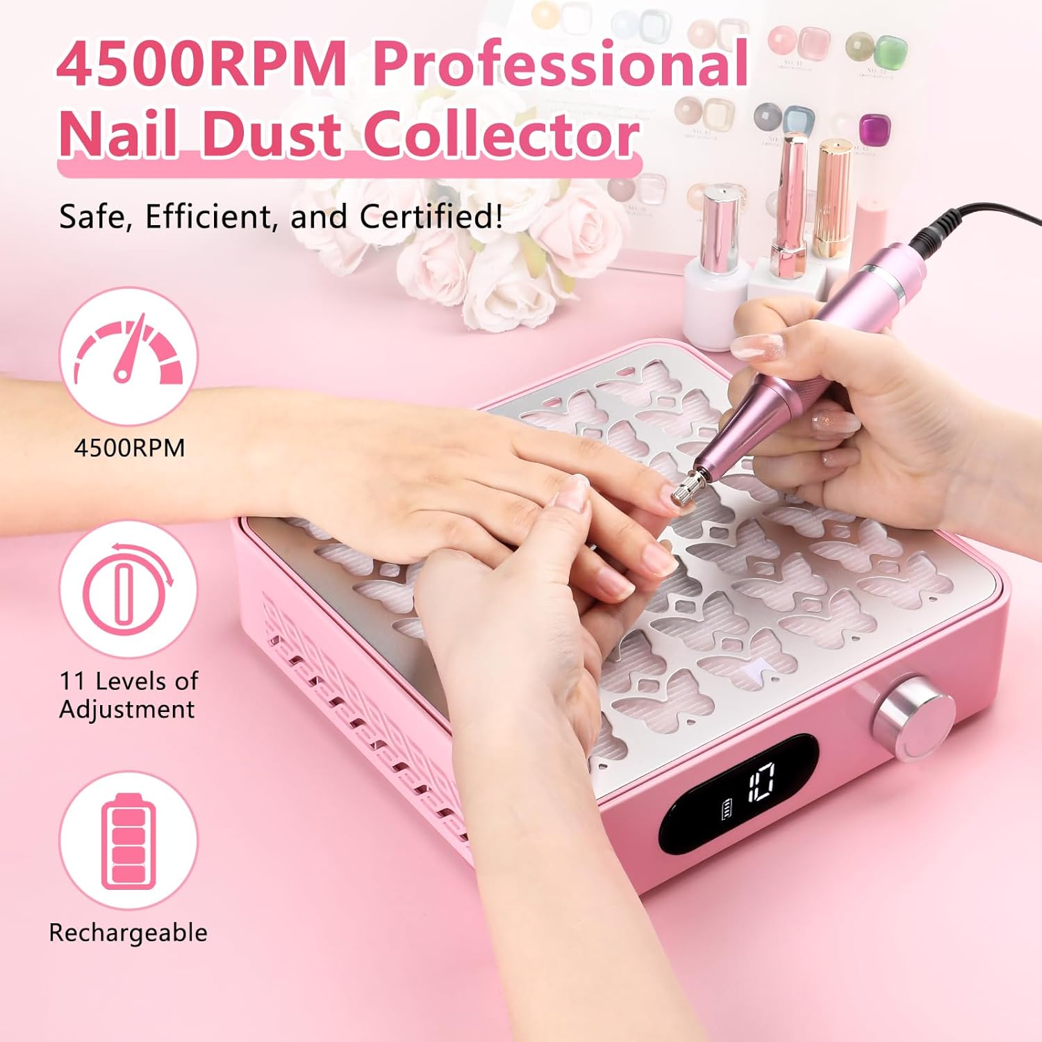 Nail Dust Collector, Powerful Dust Collector Nail Tech with 11-Gear, Professional Cordless Vacuum Nail Fan Dust Collector for Nail Tech, Nail Salon & Home (Pink)