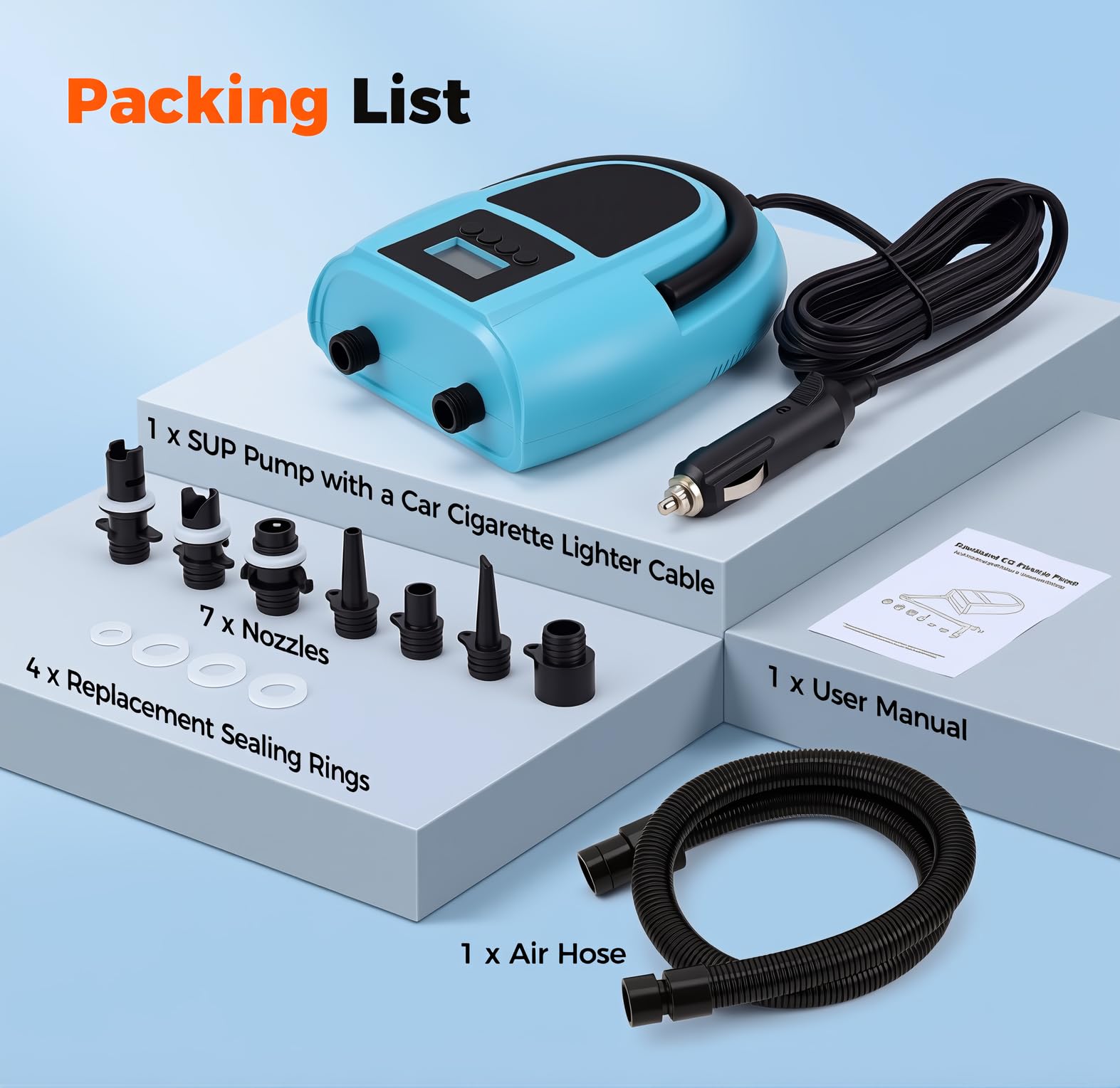 Pompa Elettrica per SUP, 12V con Spegnimento Automatico, Pressione Regolabile fino a 20 PSI e Display Digitale – Pompa ad Aria Elettrica con 7 Ugelli per Barche, Materassini, Piscine e Gommoni