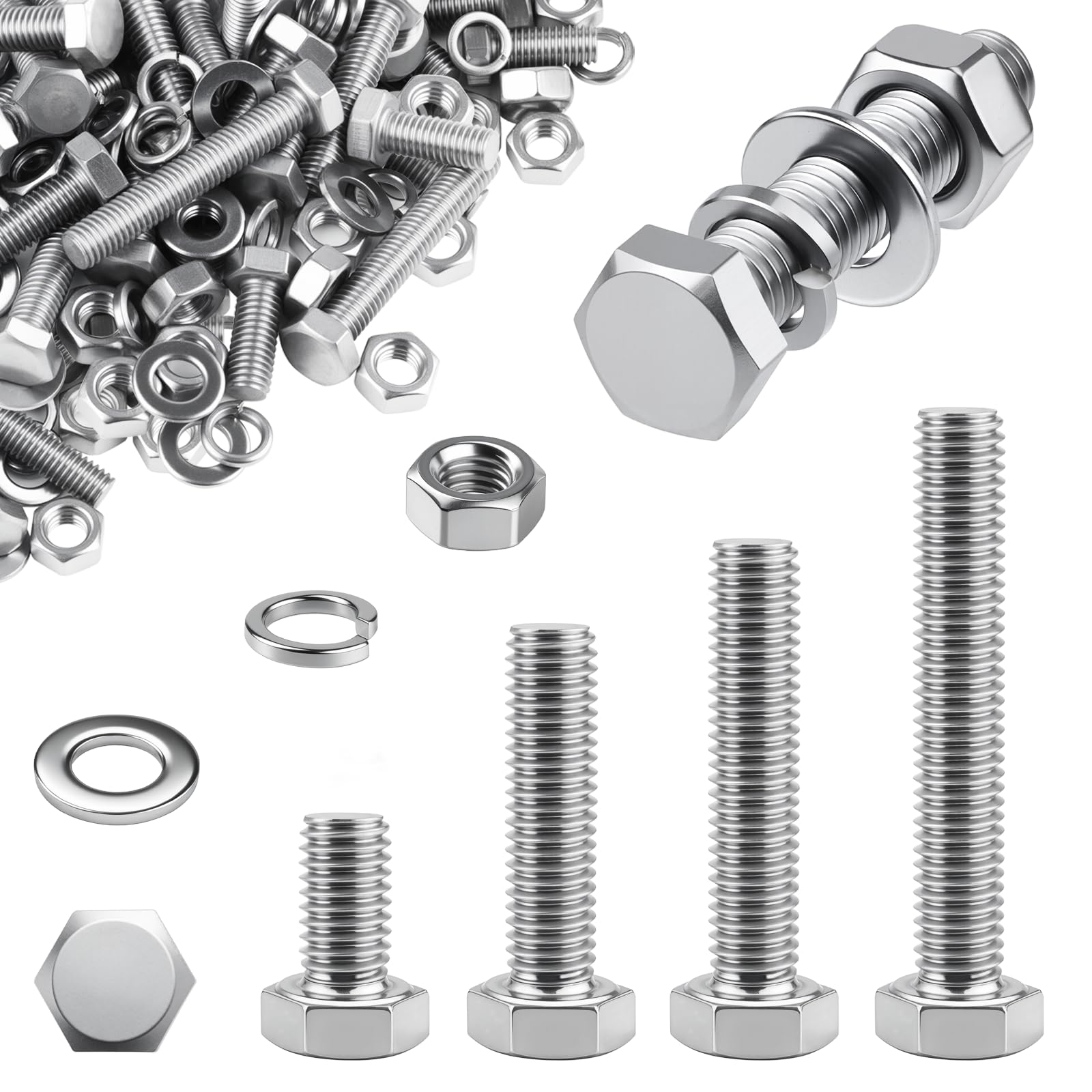 mawmuaw M6 Hex Nuts and Bolts Assortment 144 Pcs M6 Bolts 20 35 40 50 mm Stainless Steel Grub Screws Assorted with Washers and Nuts Machine Screws for Building Structural Engineering Equipment