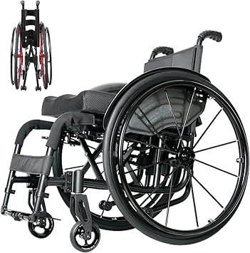 Folding Sports Wheelchair, Lightweight Wheelchair for Adults, Adjustable Footrest and Seat Height, Prevent Rear Tilt, Outdoor All Terrain Wheelchair with Safety Belt  Color Black , Size Sitting W