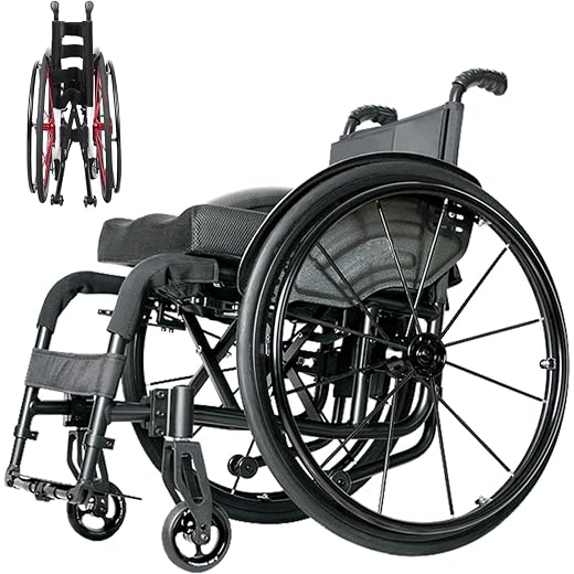 Folding Sports Wheelchair, Lightweight Wheelchair for Adults, Adjustable footrest and seat Height, Prevent Rear tilt, Outdoor All Terrain Wheelchair with Safety Belt, Sitting Width 14 inch