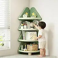 4-Tier Corner Bookshelf, Tree-Shaped Storage Organizer for Books & Toys, Space-Saving Corner Shelf Stand Bookcase for Living Room, Bedroom, Office, Easy Assembly, Green