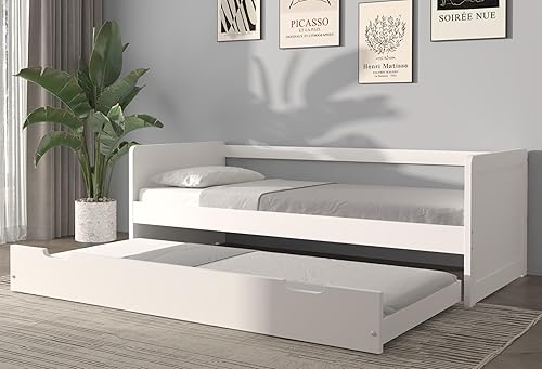 Natalie Sofá cama de madera con panel blanco con nido, cama de día tamaño individual con nido extraíble y soporte de listones de madera, sofá cama
