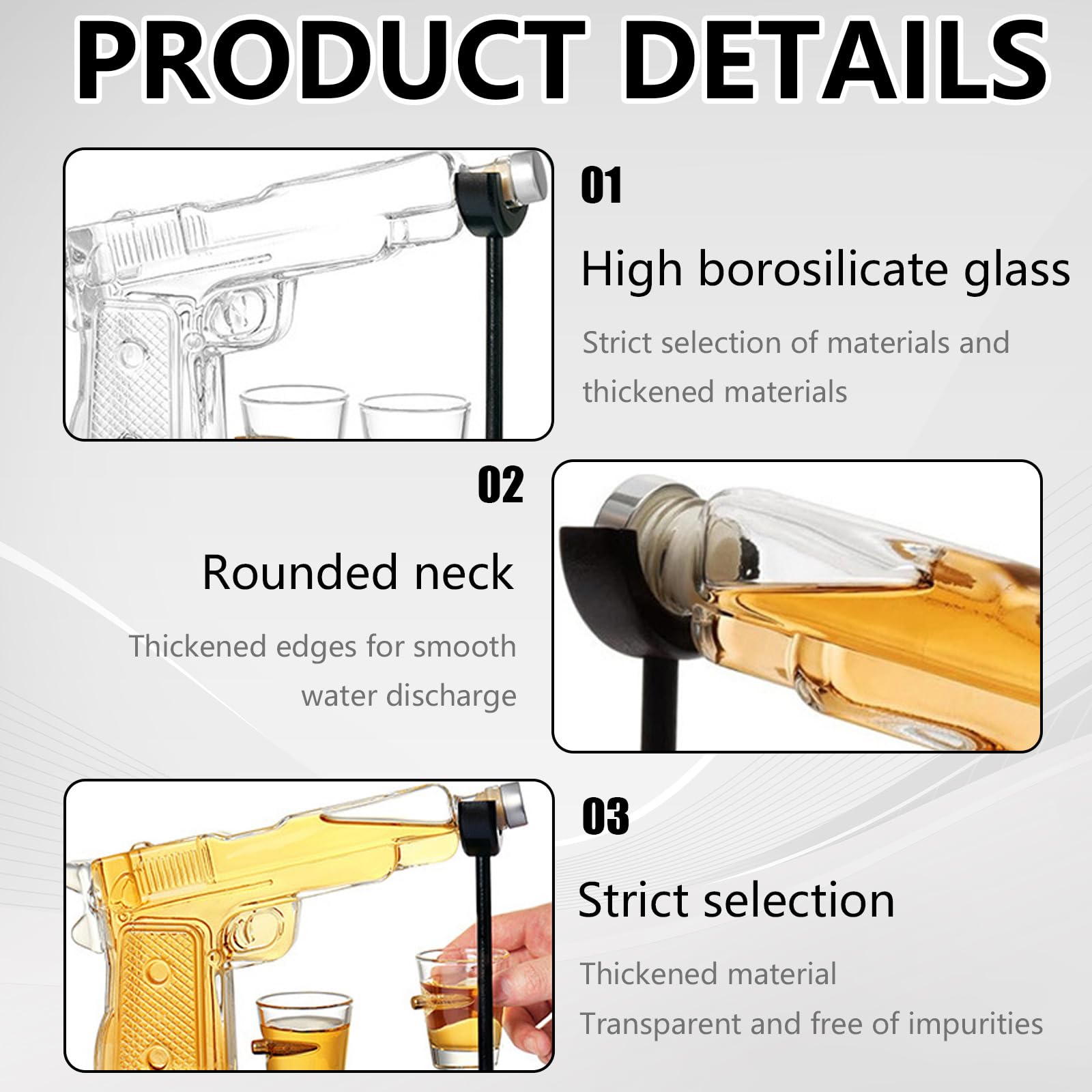 Set Decanter Whisky A Forma Di Pistola – Caraffa In Vetro Borosilicato Con 2 Bicchierini, Regalo Ideale Per Uomo, Papà O Marito