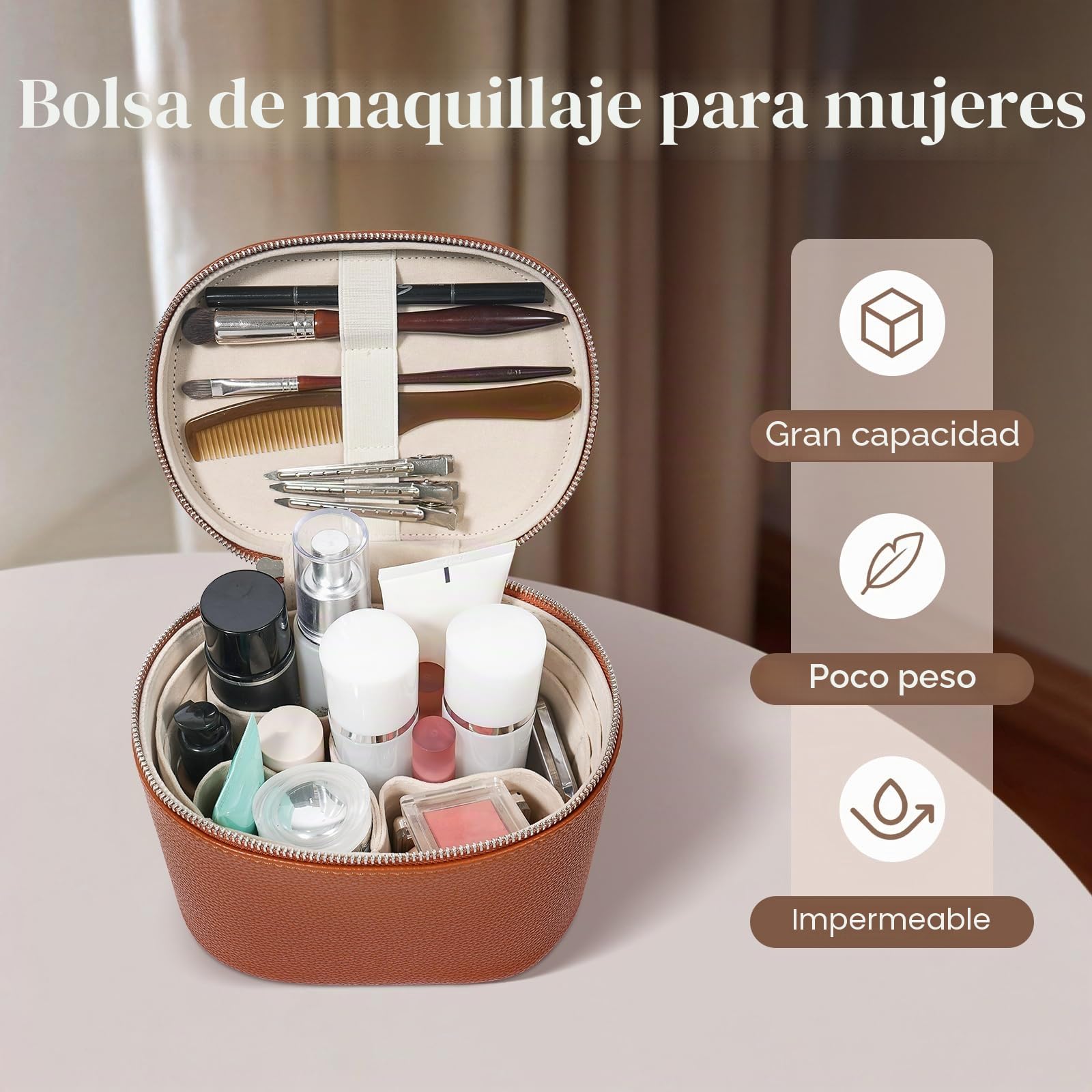 Bolsa de cosméticos para mujer, bolsa de maquillaje para mujeres, estuche de cosméticos de viaje de cuero rígido, neceser de maquillaje, bolsa de maquillaje de viaje con compartimentos y asa, Rosa