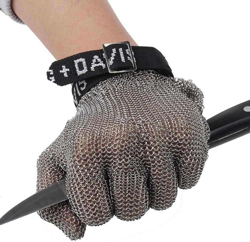 Cut Resistant Gloves Stainless Steel Cut Resistant Gloves, Kitchen Meat Cutting Safety Chain Gloves Adjustable Wrist Strap