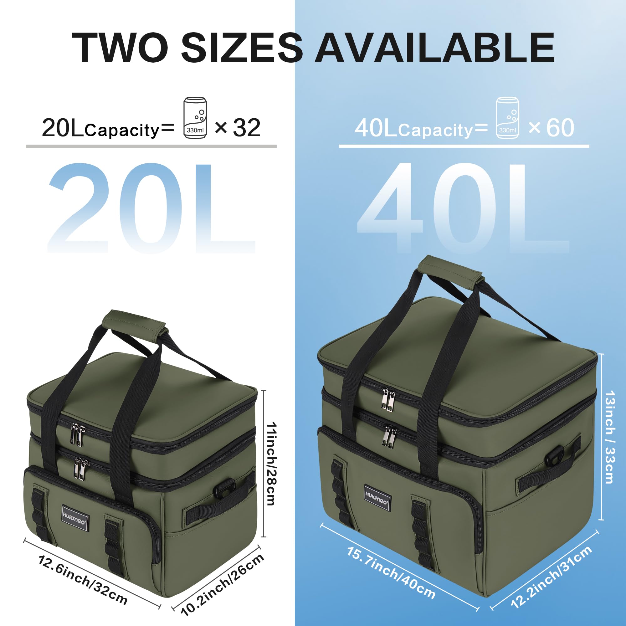 Hulongo Borsa termica per il pranzo, 20 l, 30 lattine, verde | Borsa refrigerante per ghiaccio, morbida per auto, viaggi, attività all'aperto