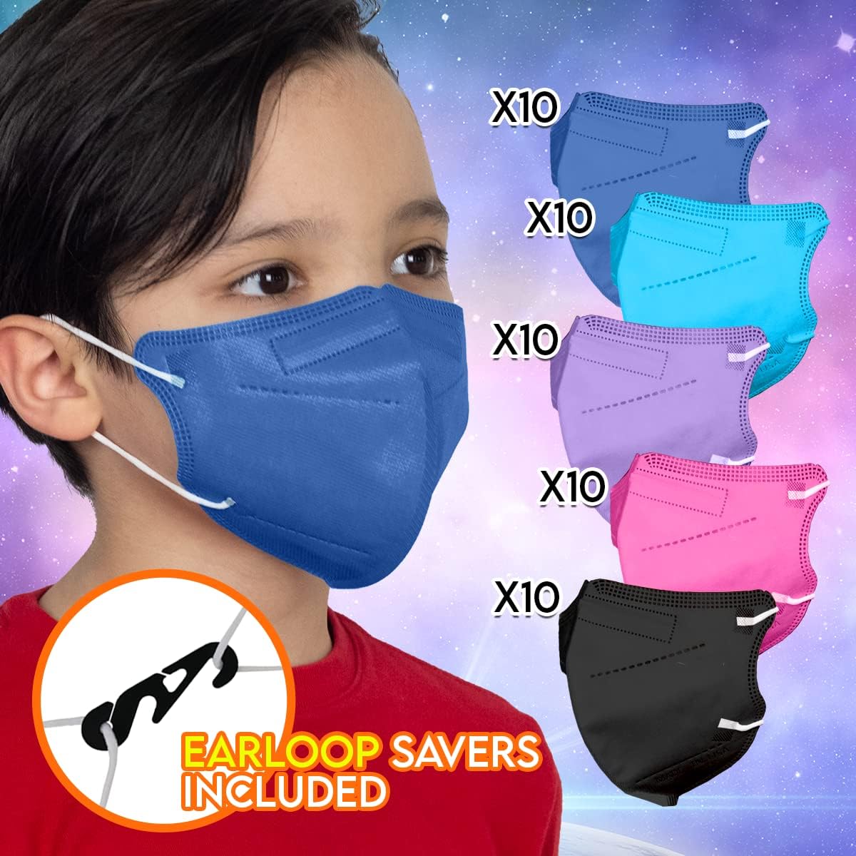 Kids Sized 3D Face Mask 5 Ply Filter Mouth Cover Protection For Boys Girls Dust Pollen Haze With Comfortable Ear Straps (50 Pack, Space Pack)