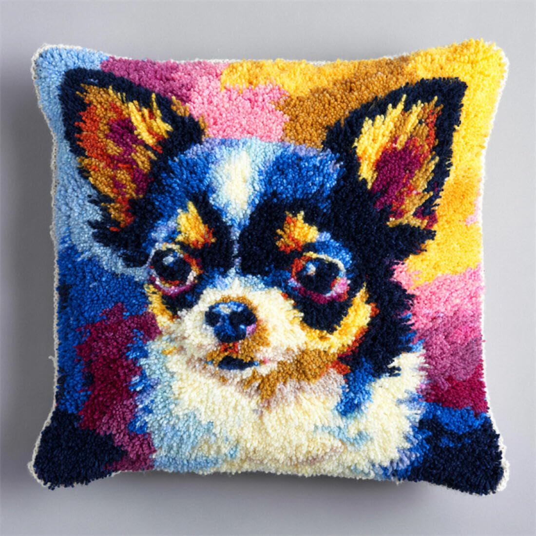 Kitquiver Animal Latch Hook Pillow Kit Colorful Chihuahua DIY Latch Hook Rug Kit for Beginners Embroidery Cushion Canvasfor Adult Beginners 17x17In