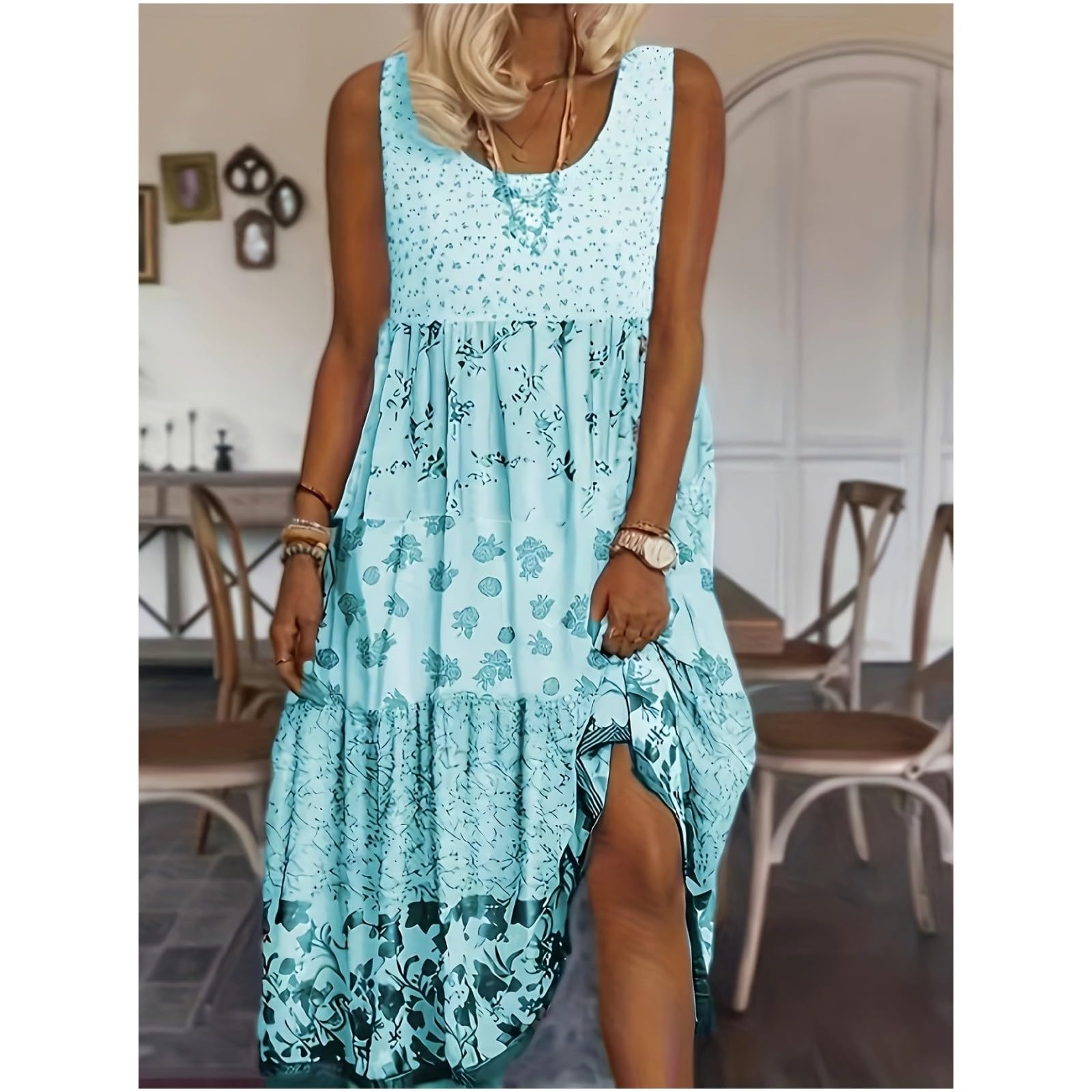 Vestito Donna Estivo Lungo Vestiti Estivi Comodo Casual Stampa Floreale Copricostume Mare Girocollo Senza Maniche Abito Elegante Boho Abiti Taglie Forti Chic Prendisole Vacanza da Spiaggia