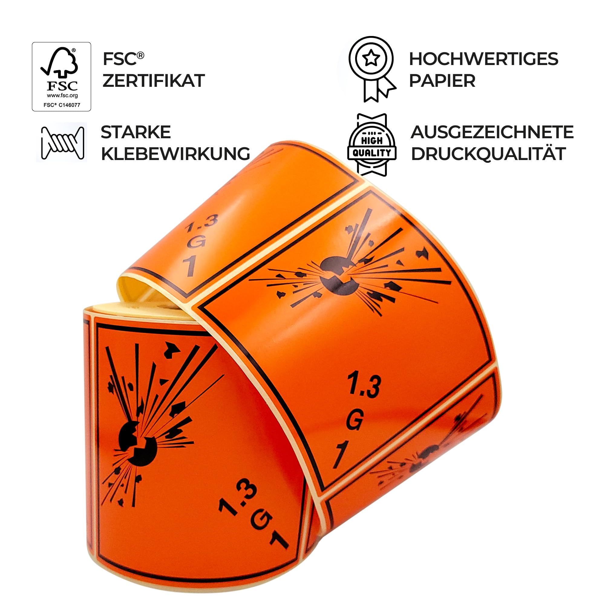 Lot de 500 étiquettes pour produits dangereux classe 1,3 G 1 - Pour substances et objets présentant un risque d'incendie - 100 x 100 mm