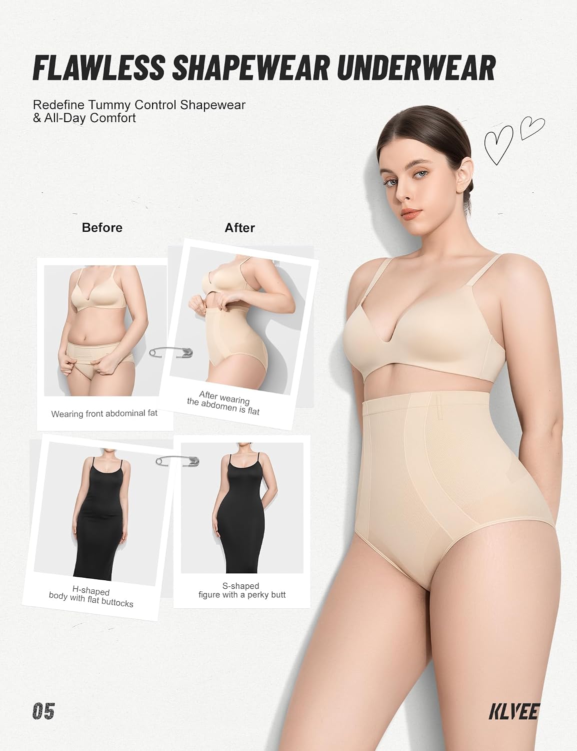 KLVEE Shapewear Tummy Control Panties for Women, Body Shaper Compression Underwear, High Waisted Seamless Girdle Under Dress Nude