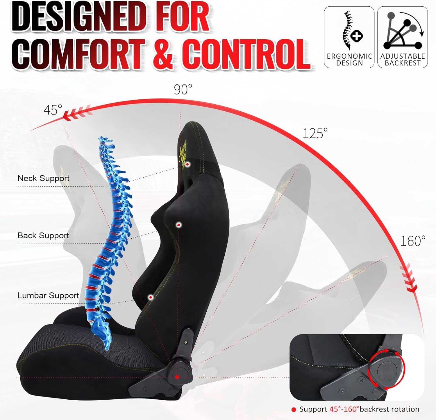 IKON MOTORSPORTS, 1-Pack Black & Grey Racing Seats, Reclining Bucket Seats with Lumbar Support, Ergonomic Sport Seats with Suede & Breathable Mesh for Car, Truck, SUV