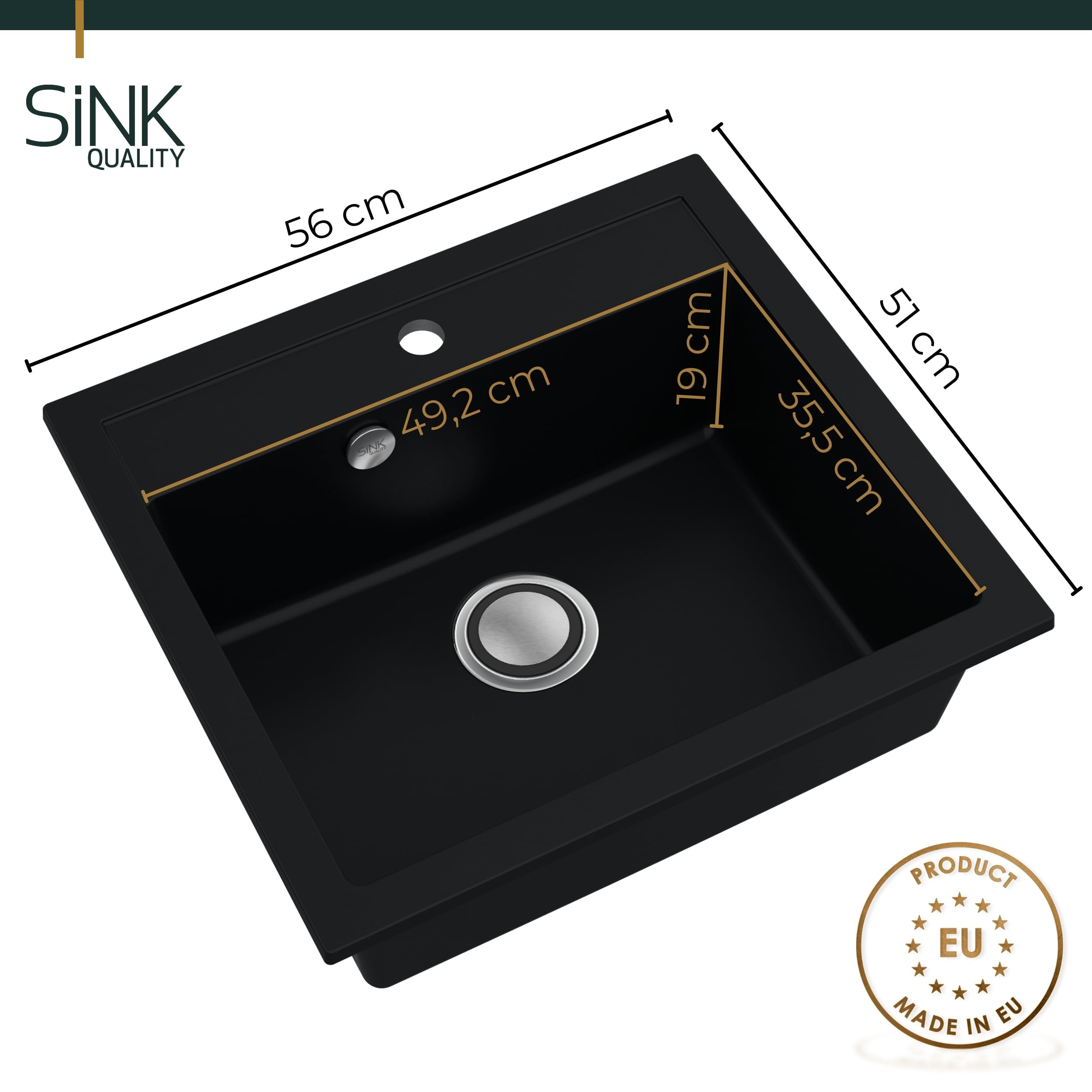 SINK Quality Zlewozmywak Jednokomorowy Czarny 56x51 cm - W zestawie syfon z Pop Up i impregnat - Granitowy Zlew Kuchenny do szafki o szerokości od 60 cm