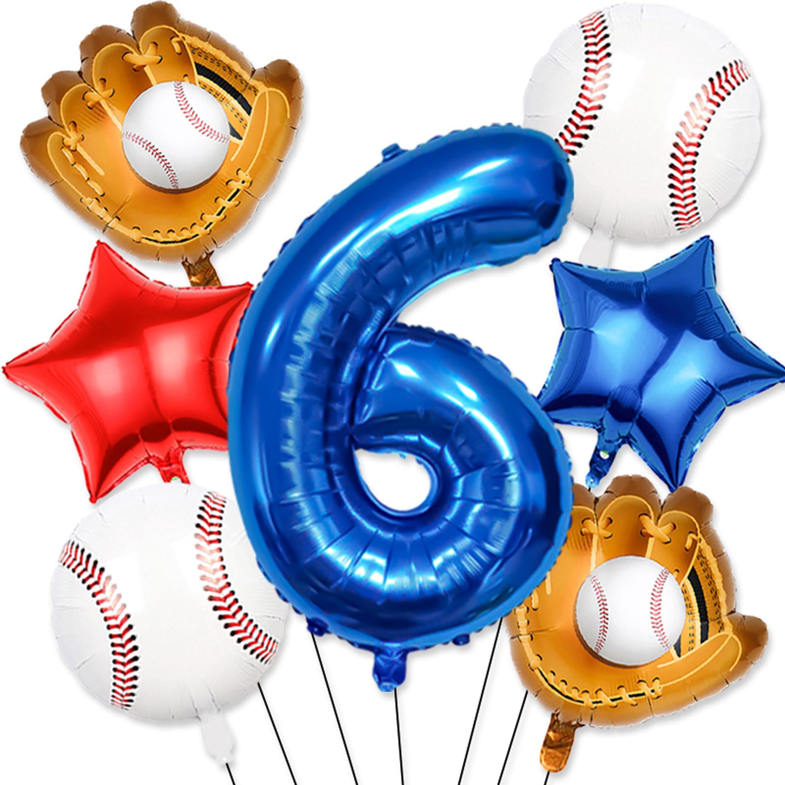 Tagberoy Baseball Balloons 6th Birthday Decorations for Boys, 9pcs Blue, Red, White Sports Theme Party Supplies, 40 inch Foil Number 6 Balloon