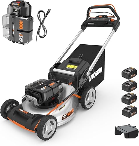 Worx Nitro 80V Cortacésped inalámbrico, cortadora eléctrica con motor sin escobillas, cortadora de césped autopropulsada 3 en 1 WG761-4, baterías e