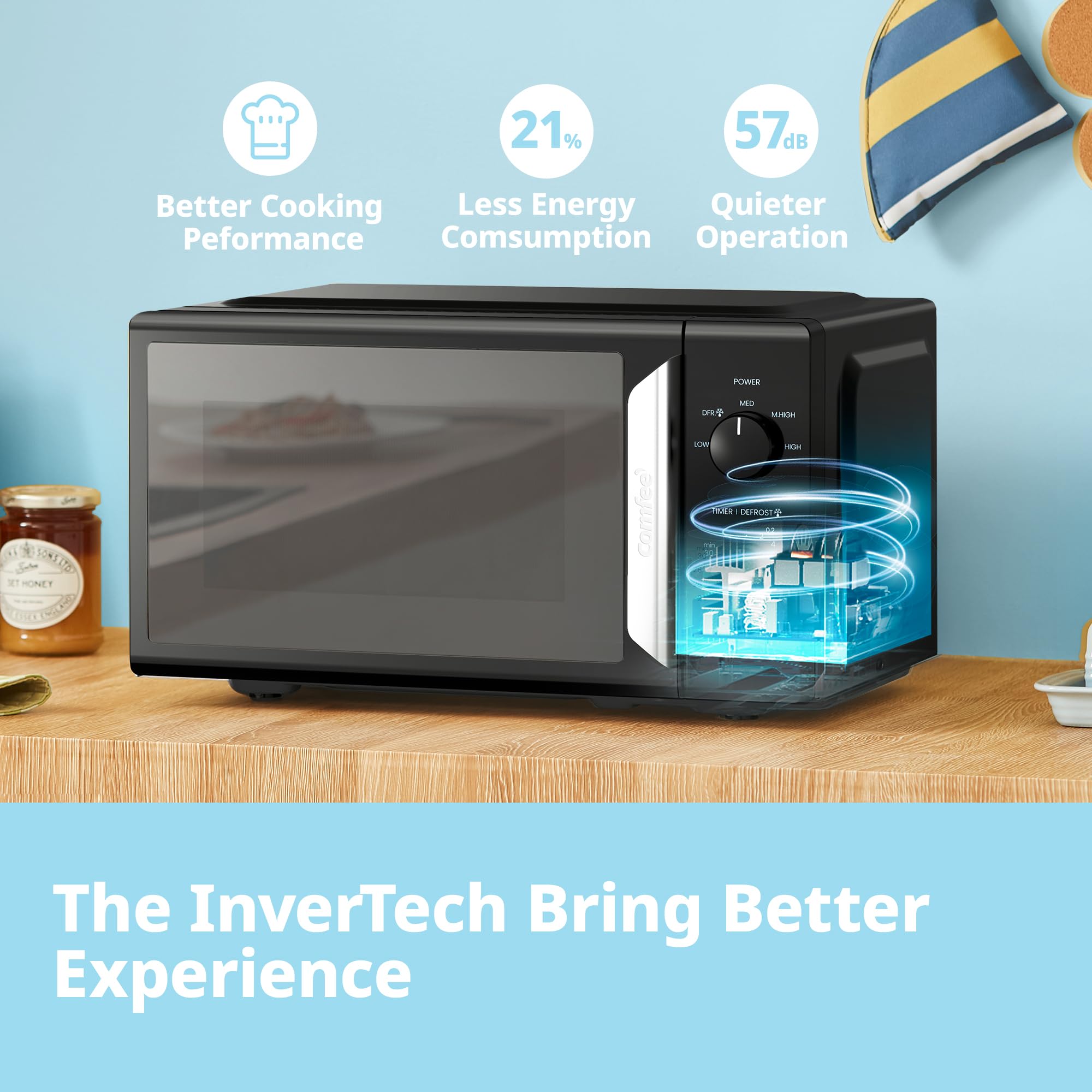 COMFEE' 19L 700W Black and Mirror Mini Microwave Oven, Compact Design, InverTech and Quick Defrost Function, 5 Cooking Power Levels with Kitchen Manual Timer - Mirror Design CMO-MP012ND(MB) — view 4