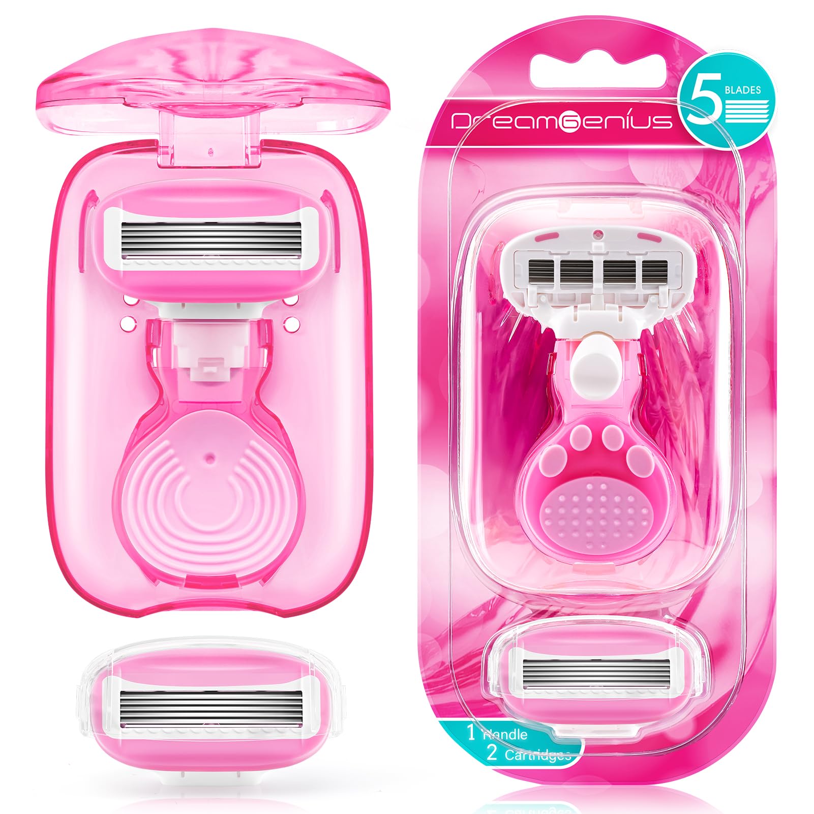 DreamGenius Travel Razors for Women Include 1 Handle and 2 Cartridges, Extra Smooth 5-Blade Travel Essentials Razor with Case for Shaving, Pink