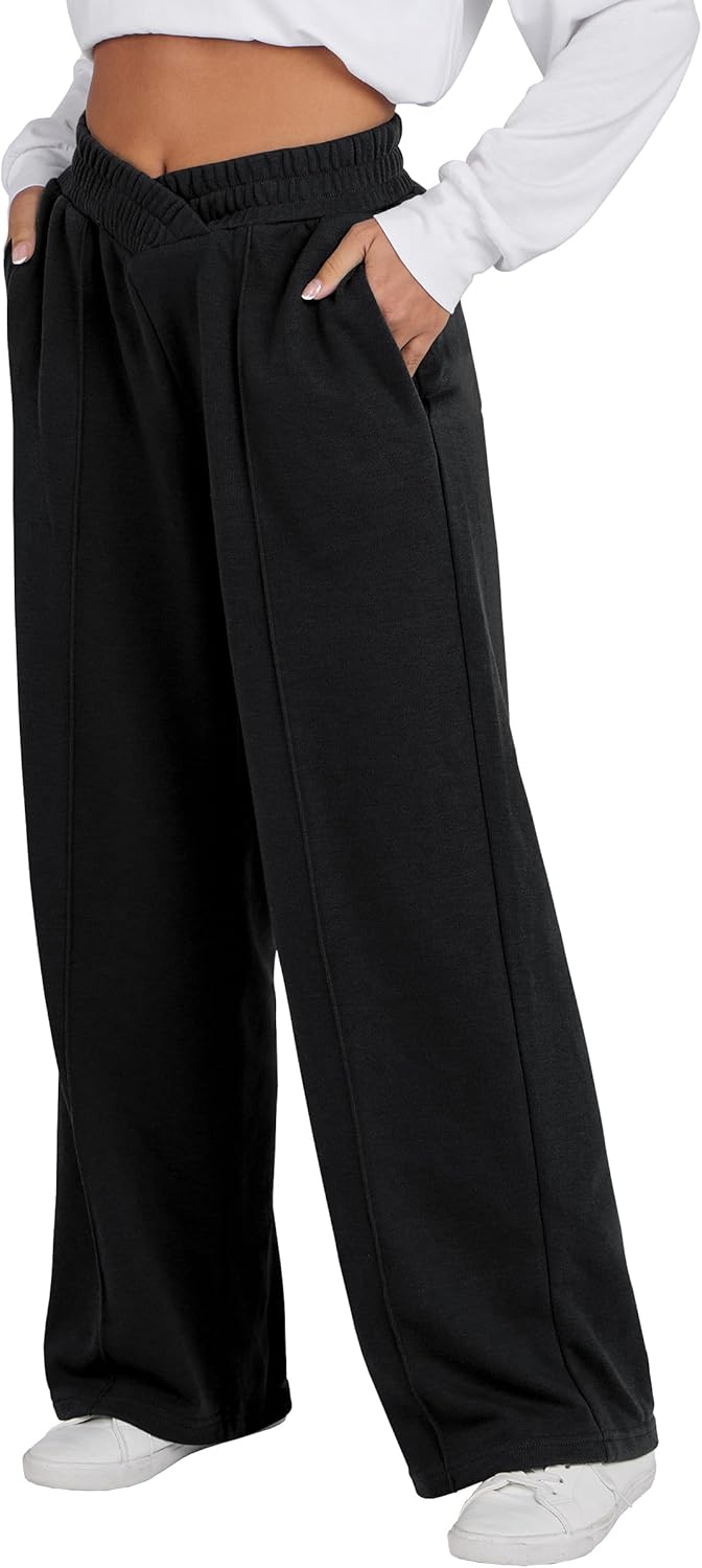 ANRABESS Women Asymmetric High Waist Wide Straight Leg Sweatpants with Pockets 2024 Fall Trendy Sweat Jogger Pants