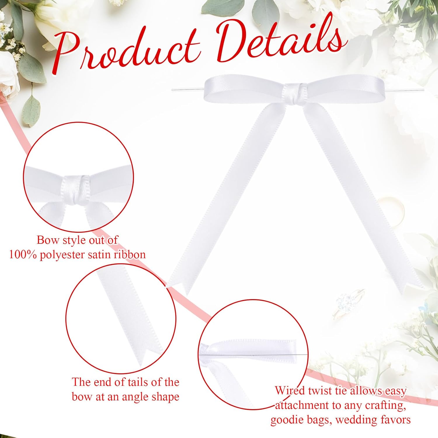 Riceshoot 100 Pcs Twist Tie Bows for Cake 3 x 4.3 Inch Satin Ribbon Bulk Pre Made Bows for Wrapping Gift Treat Bags DIY Craft Valentine Wedding Baby Shower Birthday Party Decor(White) - Image 3