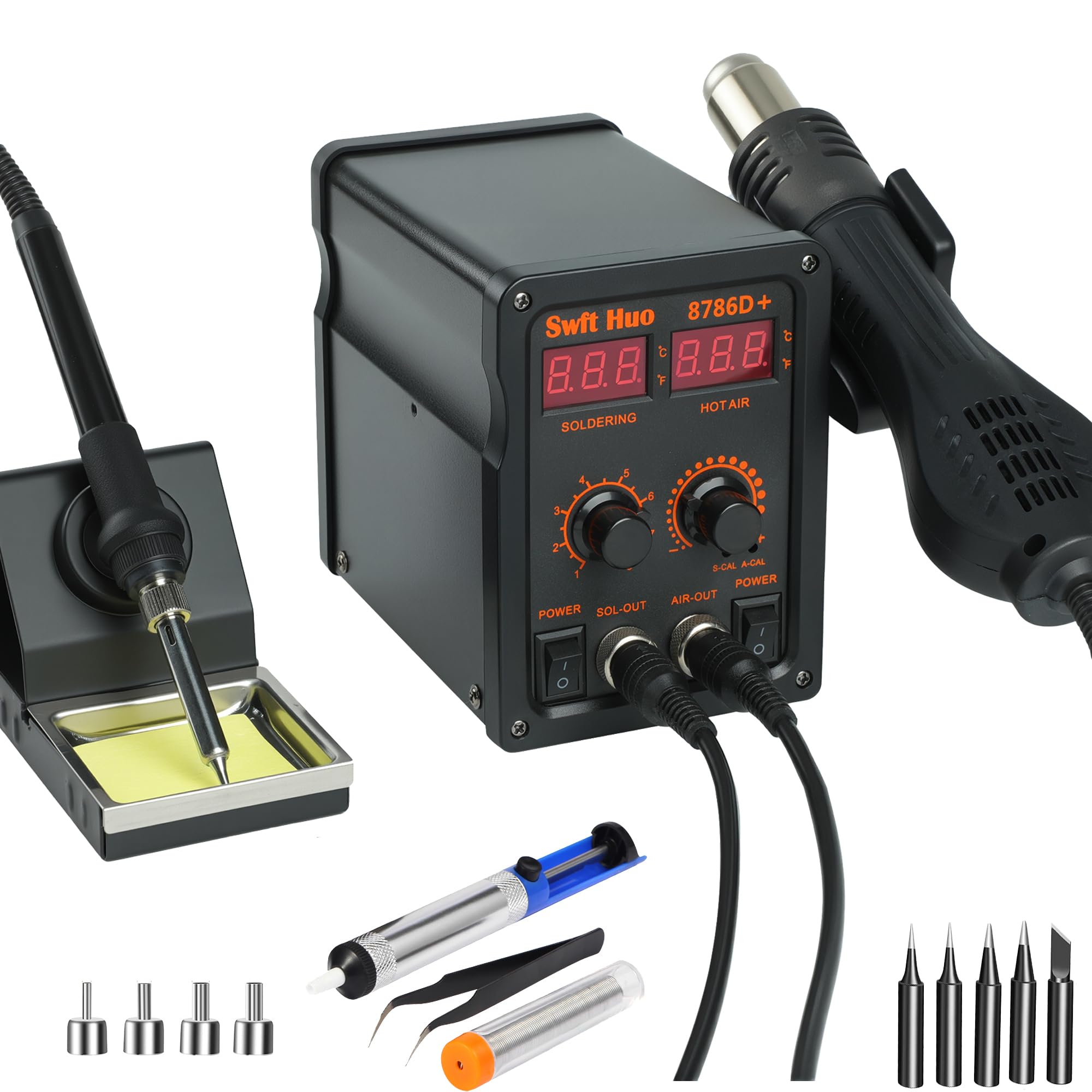 Stazione saldante, 750W Stazione Saldatura ad Aria Calda kit Stazione Saldante 8786D+ con 5 Saldatura, Filo di Saldatura,Pinzette, pompa dissaldante e kit Stazione di Rilavorazione per Elettronica