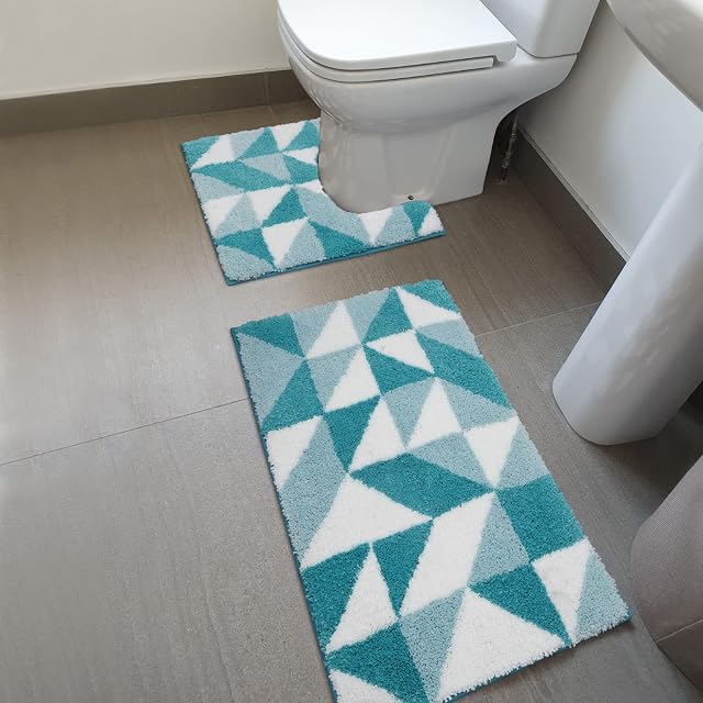 FVVRAX Bath Mat Set 2 Pieces, 50x80cm Bathroom Mat & 50x55cm U Shape Pedestal Mat, Absorbent Non Slip Soft Shaggy Microfiber Bath Mats for Toilet Shower, Machine Washable, Teal