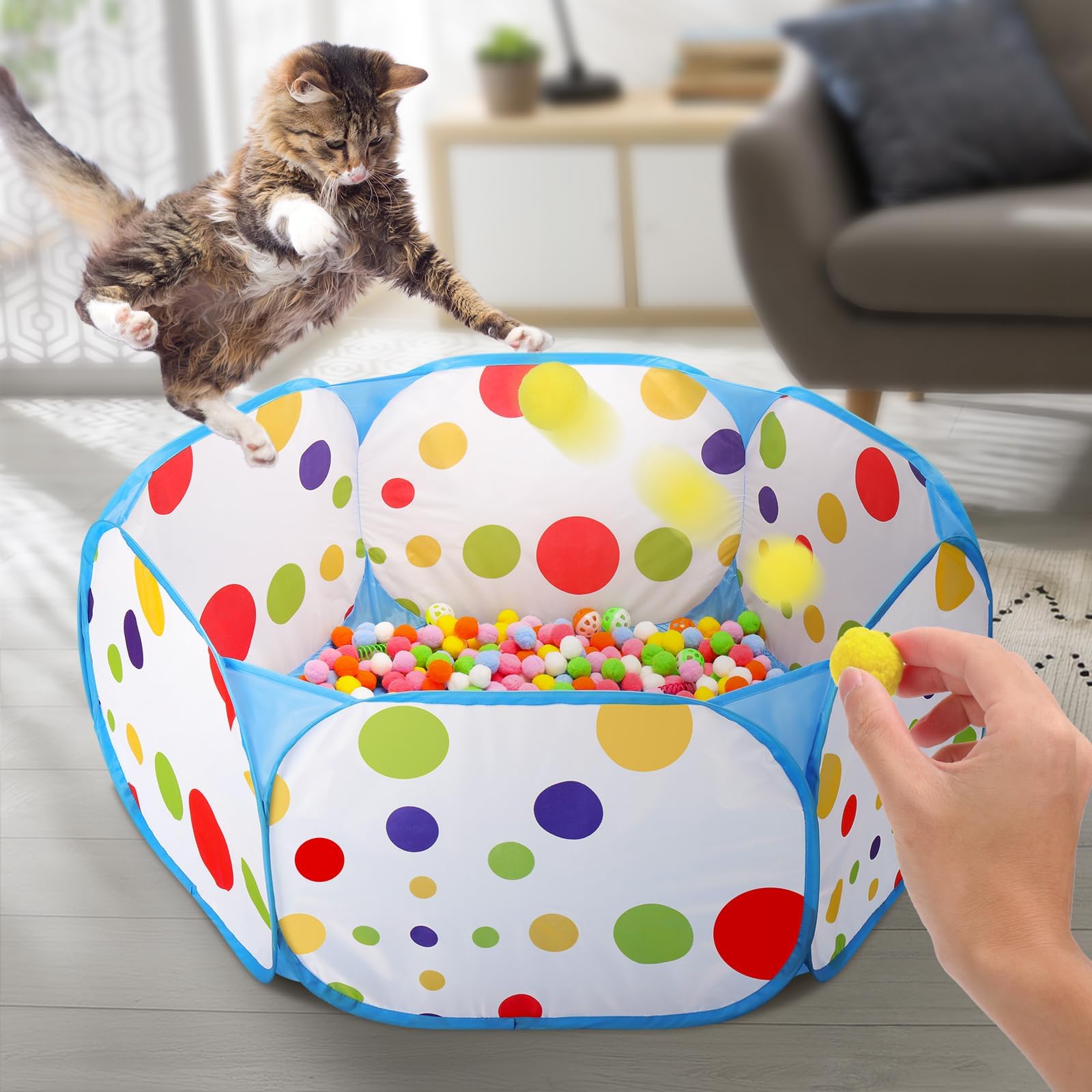 MUAEEOK Piscina de bolas para gatos con 106 bolas de juguete para gatos y 4 juguetes de resorte para gatos, juguetes interactivos para gatos aburridos de interior, juguete de enriquecimiento para