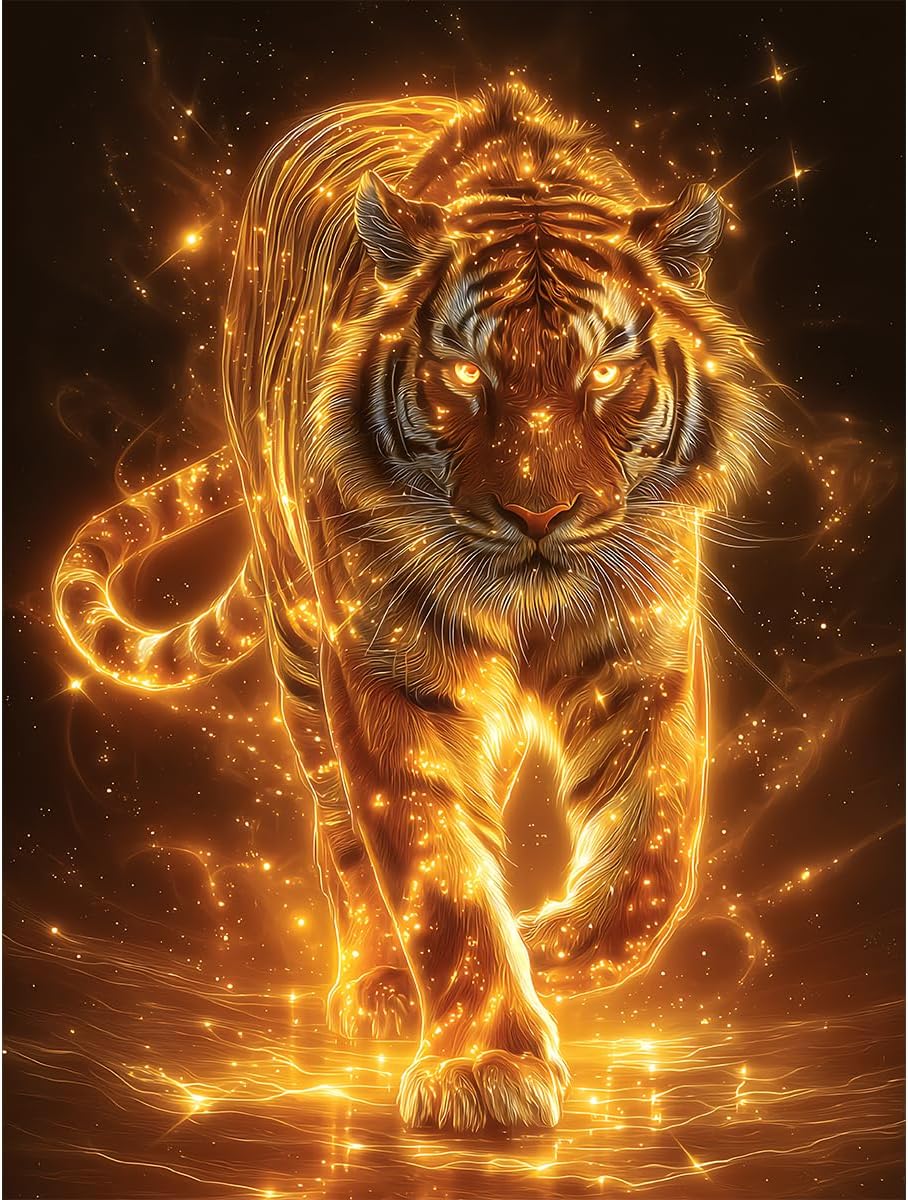 Ohhvvow Glowing Tiger Diamond Painting Kits for Adults, 12x16 Inch 5D DIY Full Round Drill Diamond Art Dots for Home Wall Decor, Gift for DIY Craft Lovers & Beginners