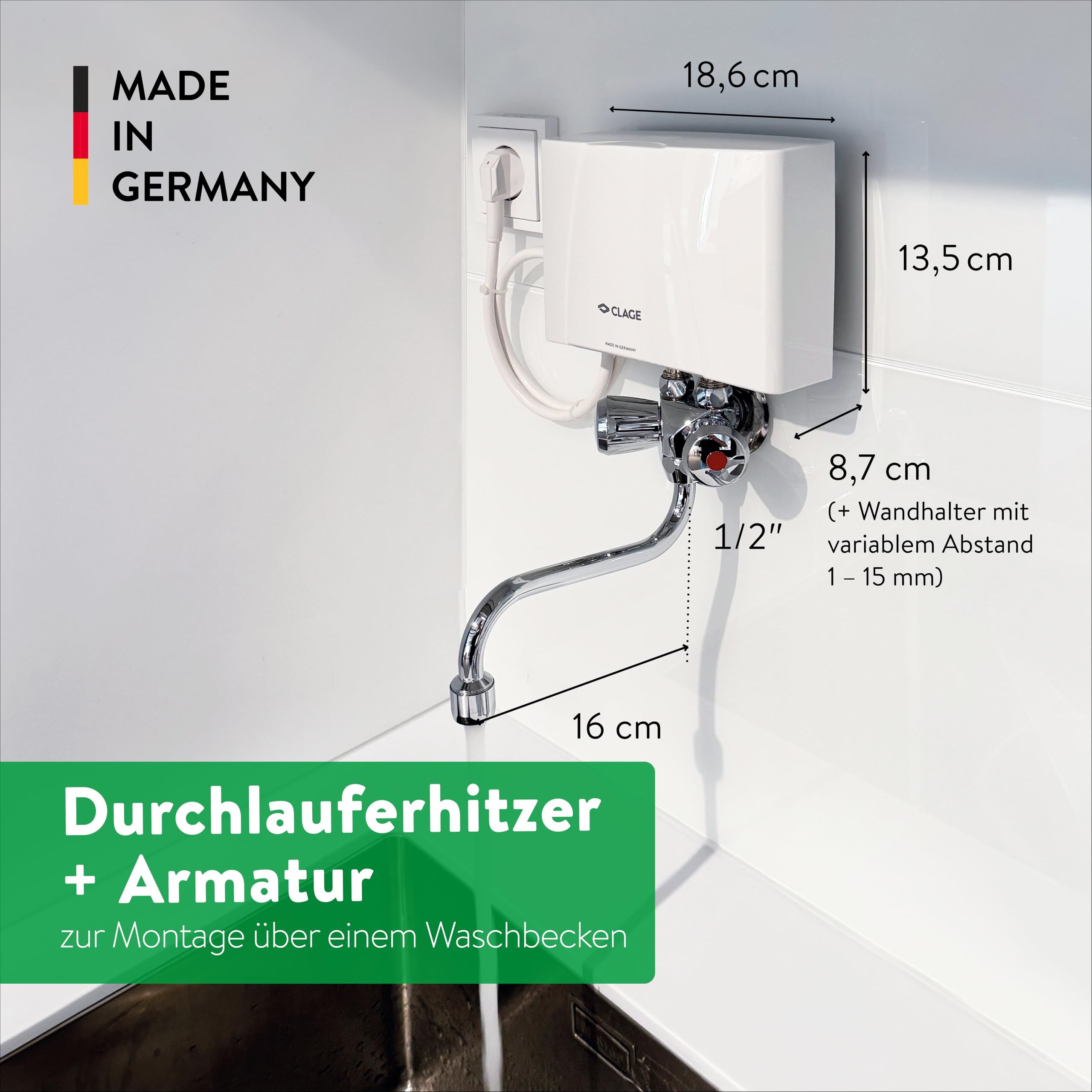 CLAGE M3/SMB hydraulischer Klein-Durchlauferhitzer im Set mit Zweigriff-Waschtischarmatur, Übertisch, 3,5 kW, mit Stecker, nur für drucklose Armaturen, VDE-GS geprüft, 1500-17103