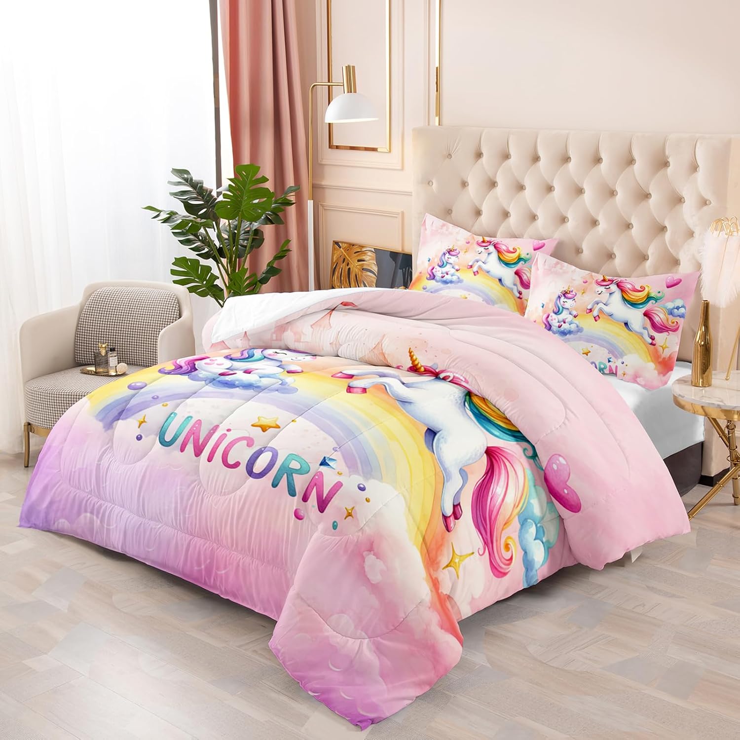 Unicorn Bedding Full, 3D Printed Cute Rainbow Comforter Set for Girls, All Season Full Size Comforter Sets with Castle Fairy Design, Perfect for Kids Bedroom Decor