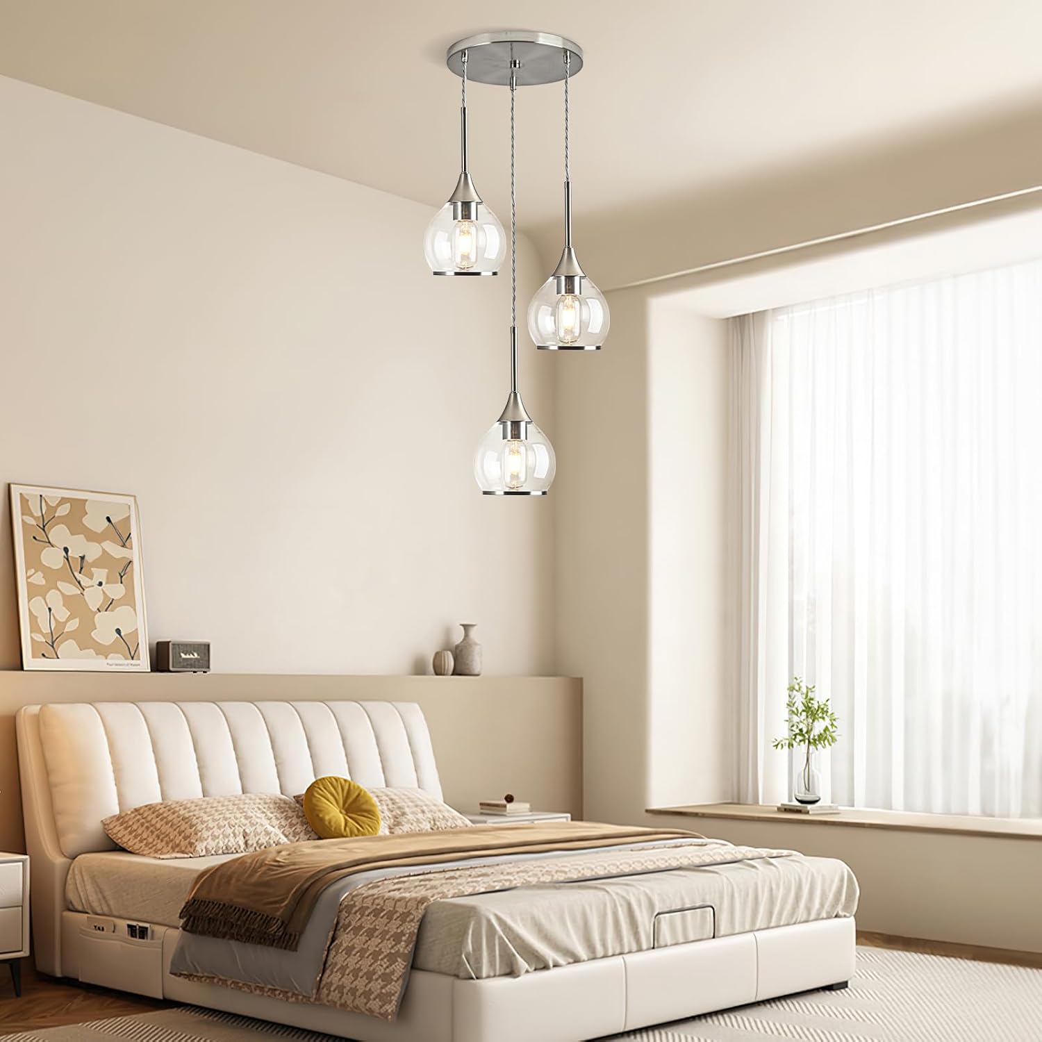 Island Light for Kitchen, 3-Light Brushed Nickel Kitchen Island Pendant Light, Brushed Nickel Hanging Dining Room Light Fixture Over Table with Clear Round Glass Shade