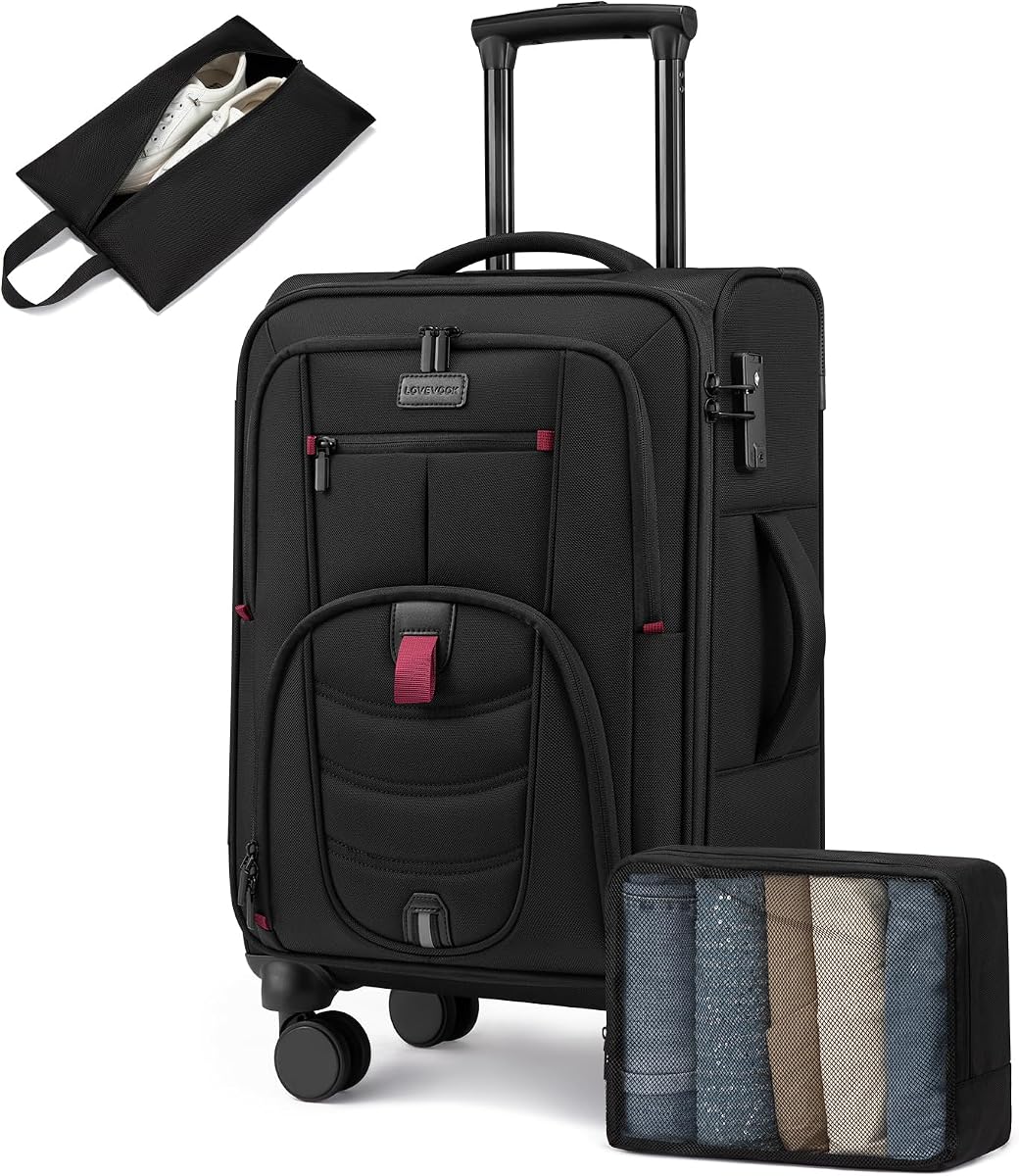 LOVEVOOK Equipaje facturado blando de 24 pulgadas con cerradura TSA para viajes de negocios | con 2 cubos de embalaje, ruedas giratorias silenciosas de 360°, compartimento frontal para computadora portátil, equipaje de mano de viaje suave que cabe en el techo