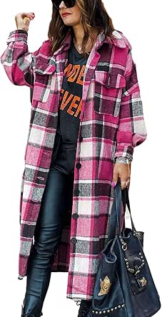 Omoone Women's Wool Blend Shacket with Plaid Pattern