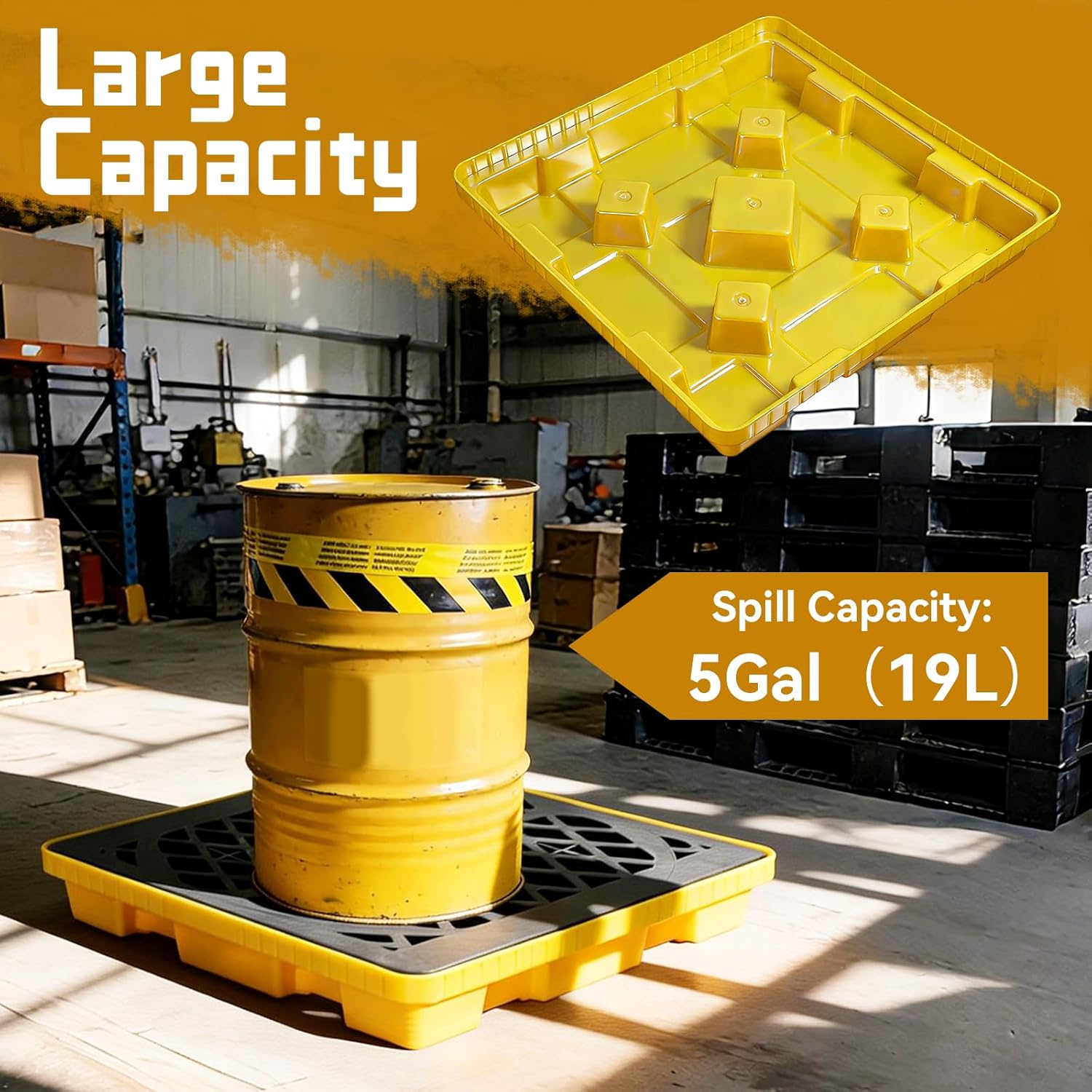 1 Drum Spill Containment Platform 5 Gallon, Anti Slip Plastic Containment Tray Liquid Capacity, 441 Lbs Load Capacity, Detachable Leakproof Polyethylene Spill Pallet (24.02" x 24.02" x 3.94")