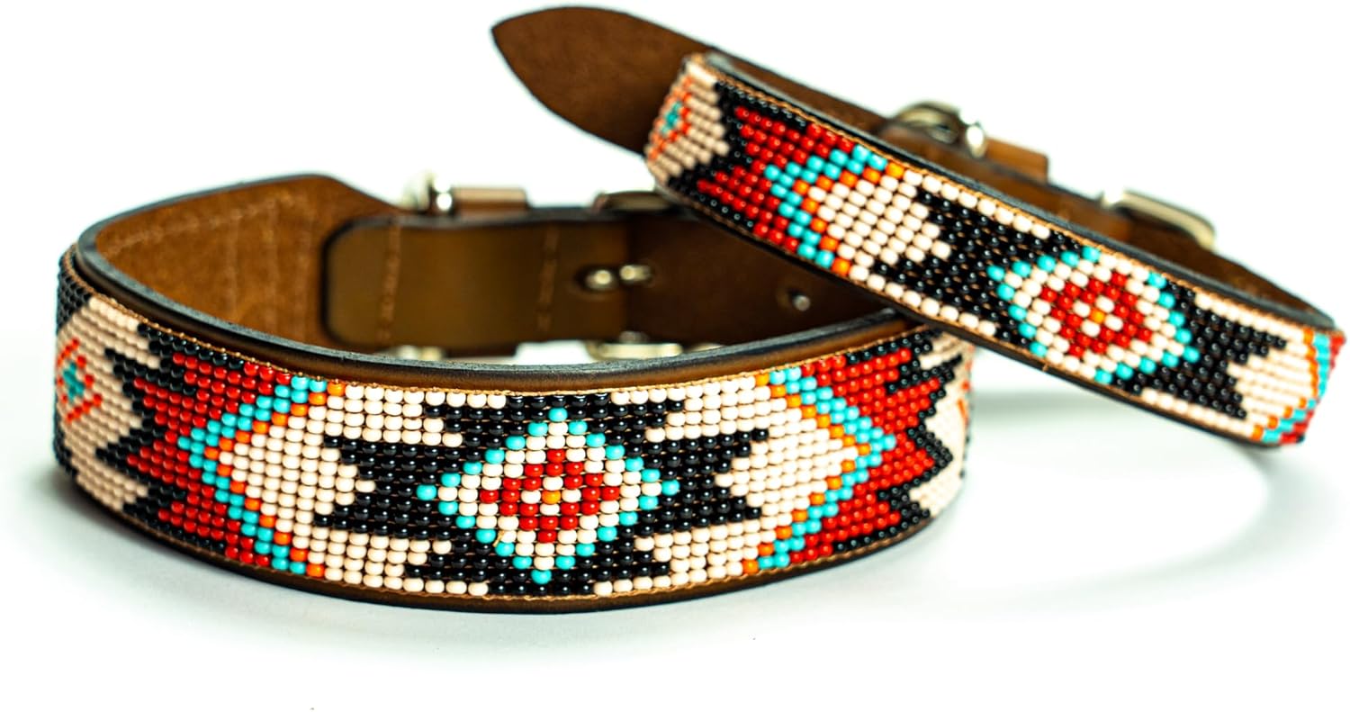 Sambboho - Phoenix Dog Collar - All Natural Handmade Soft Leather Dog Collar w/Durable Hand Stitched Beads and Embroidery for All Dogs (20-22)